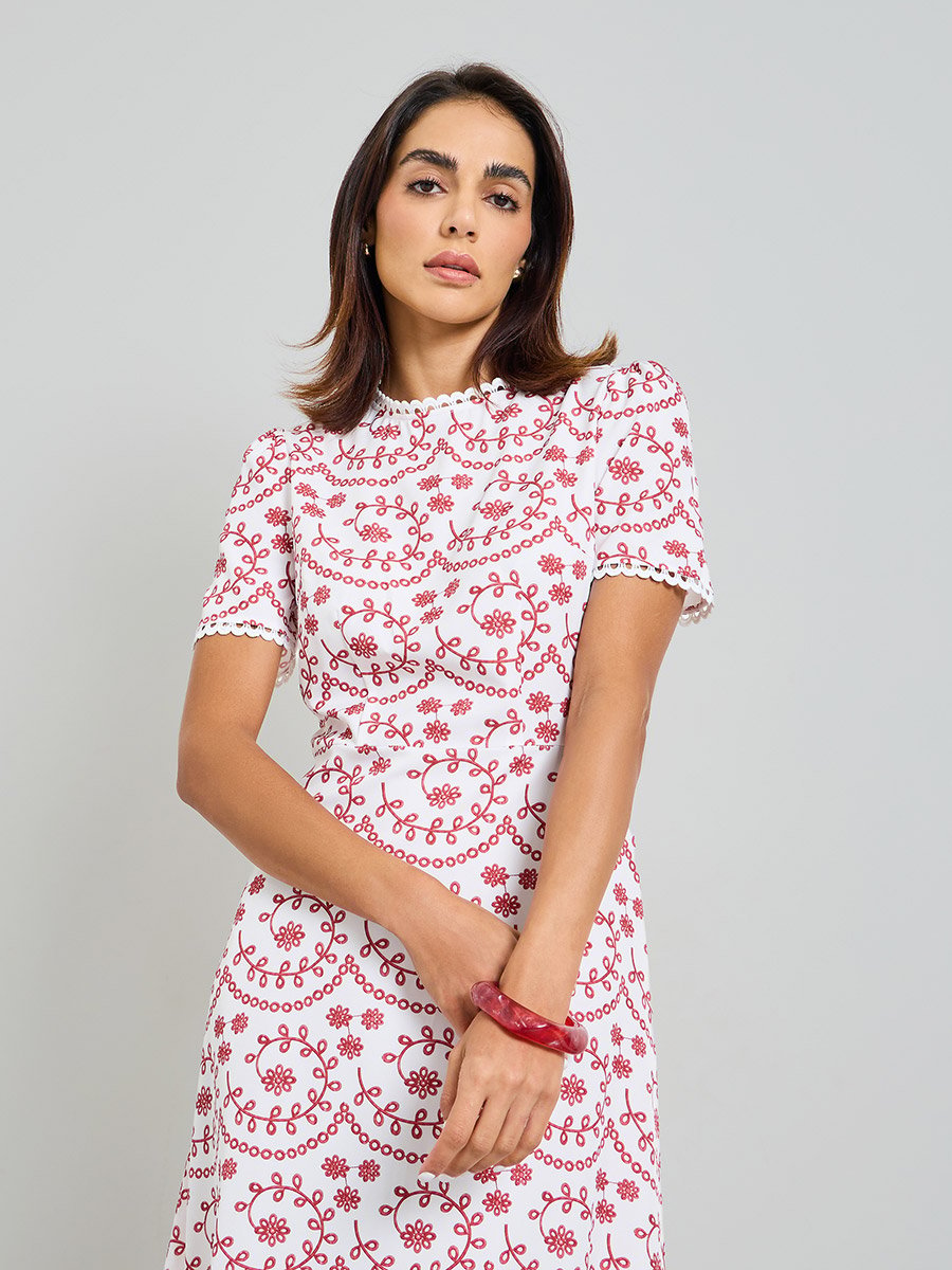Embroidered Midi A-Line Dress with Short Sleeves