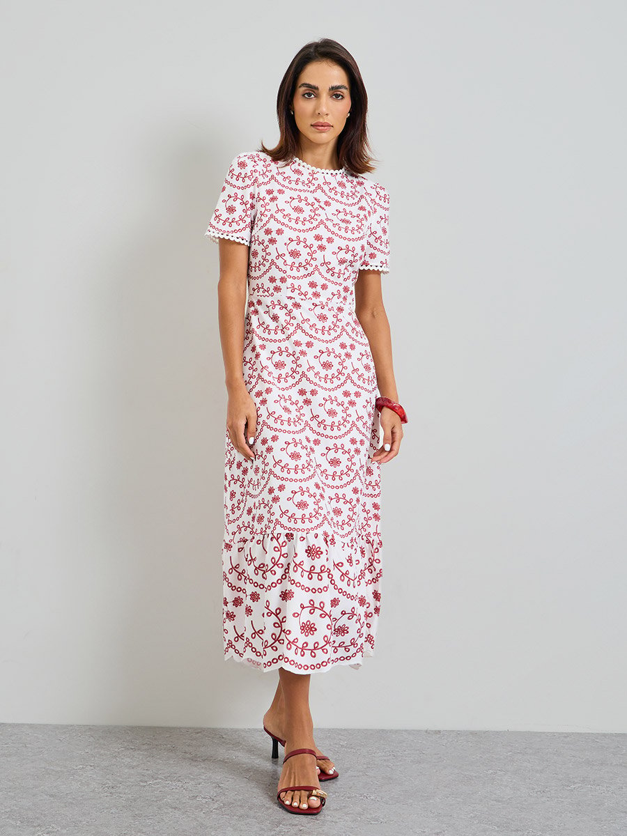 Embroidered Midi A-Line Dress with Short Sleeves