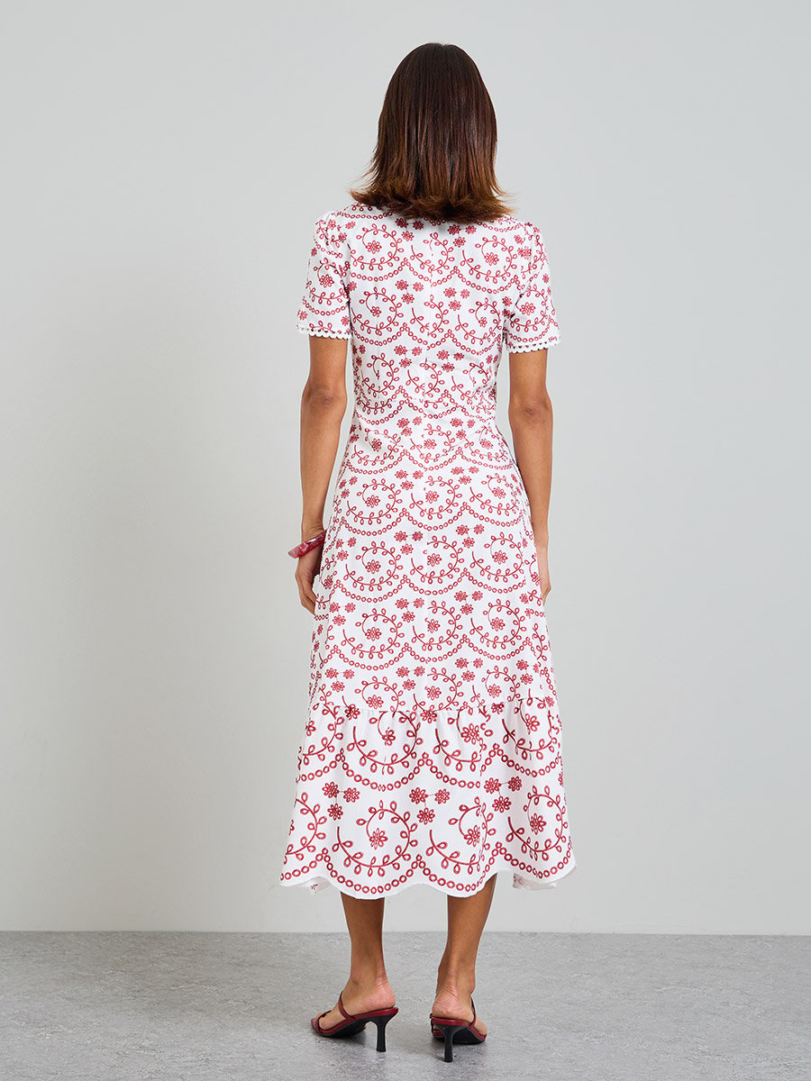 Embroidered Midi A-Line Dress with Short Sleeves
