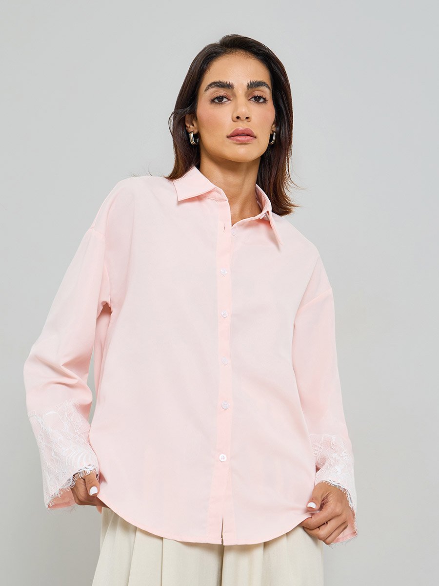 Pink Long Sleeve Lace Cuff Shirt