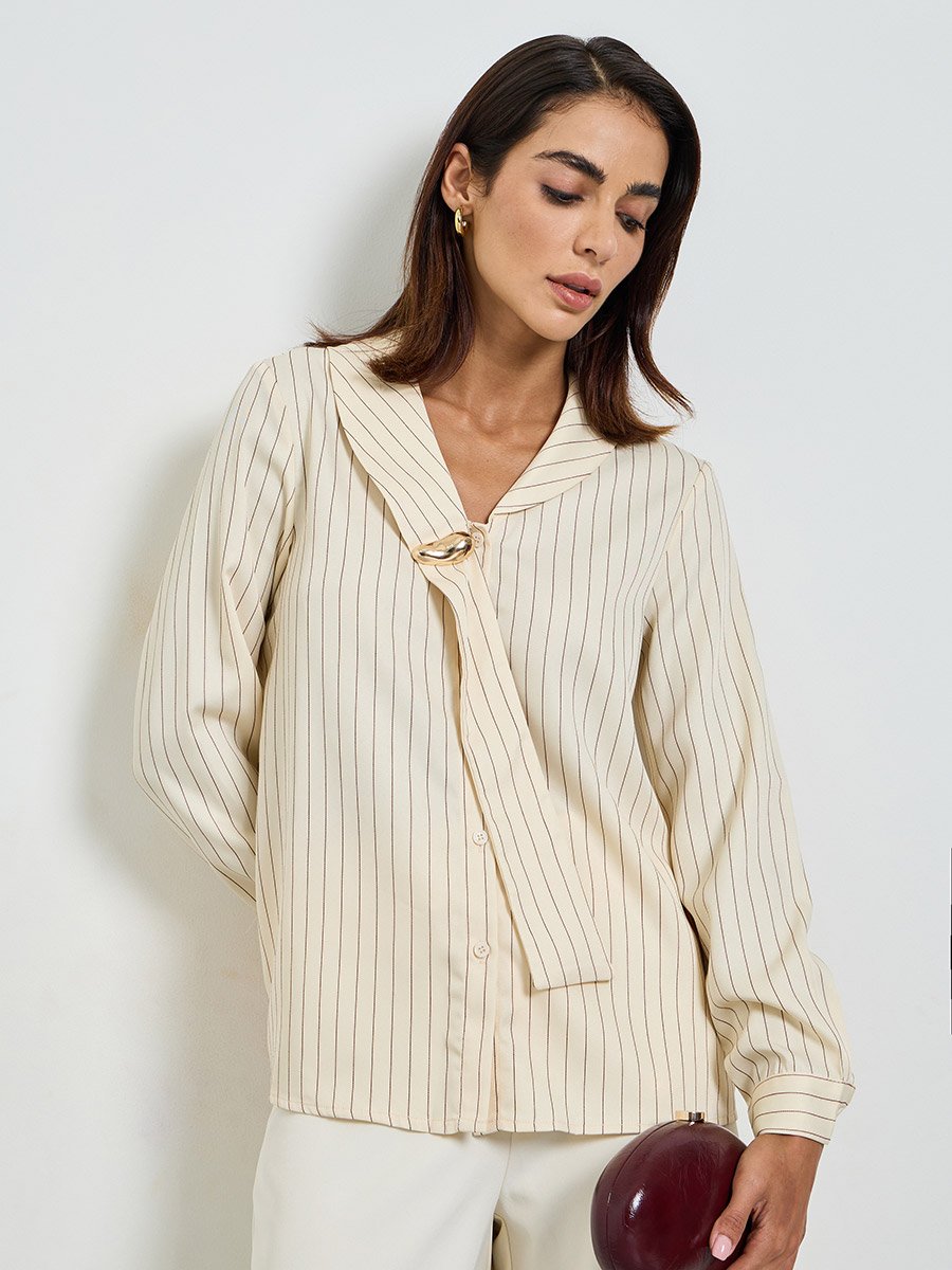 Beige Pinstripe Long Sleeve Regular Fit Shirt