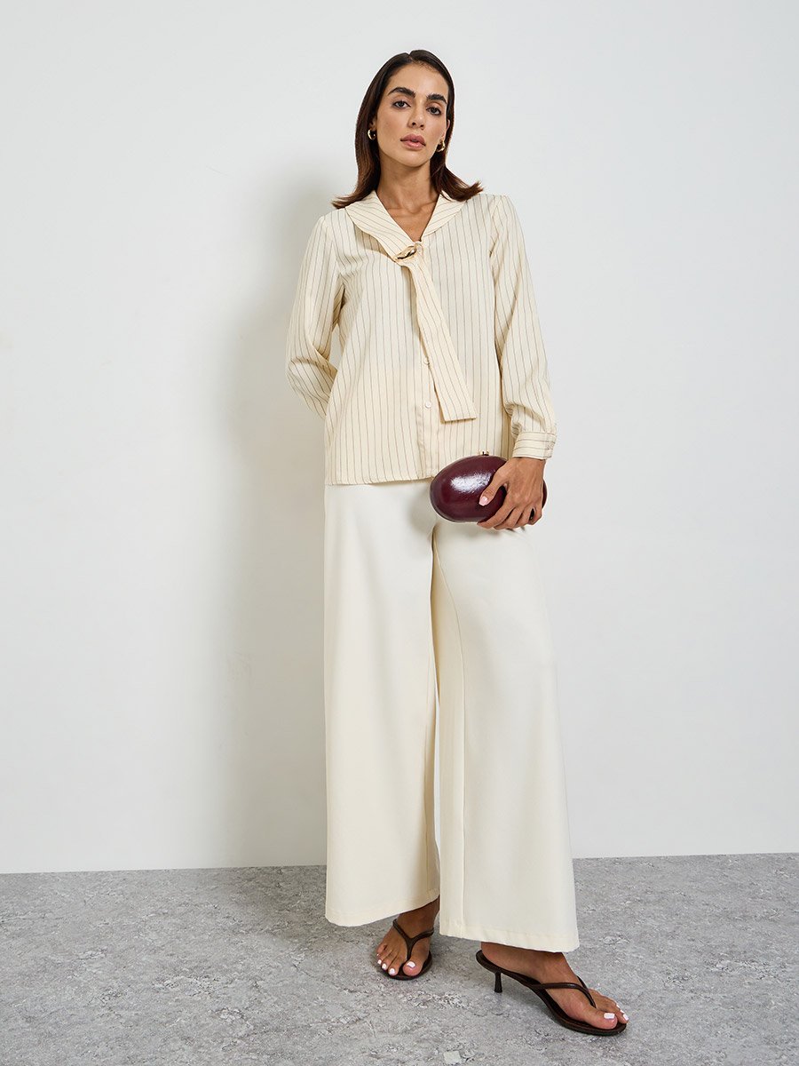 Beige Pinstripe Long Sleeve Regular Fit Shirt