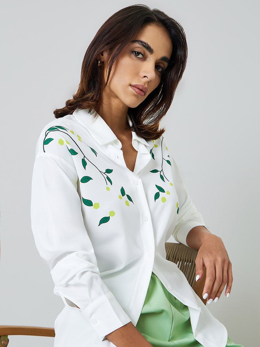 White Long Sleeve Shirt with Floral Embroidery