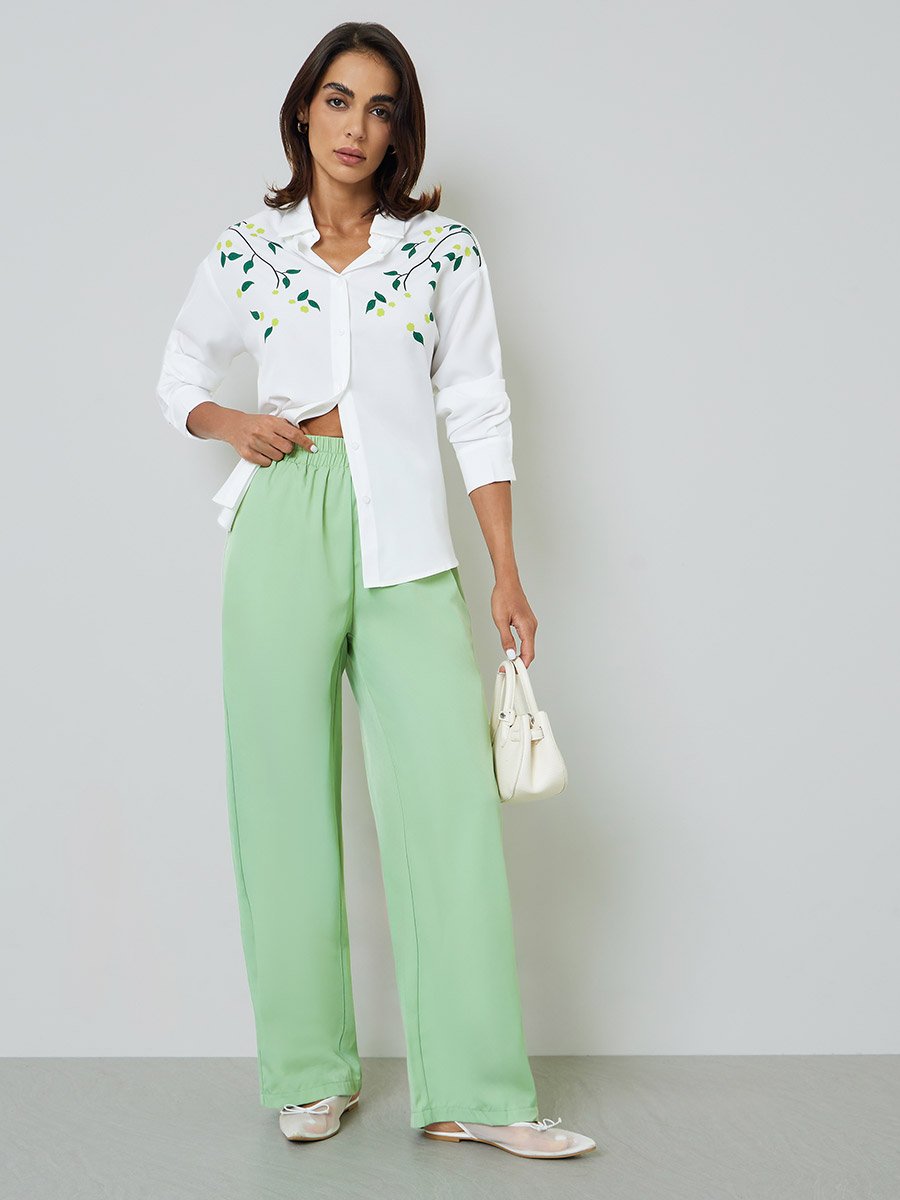White Long Sleeve Shirt with Floral Embroidery