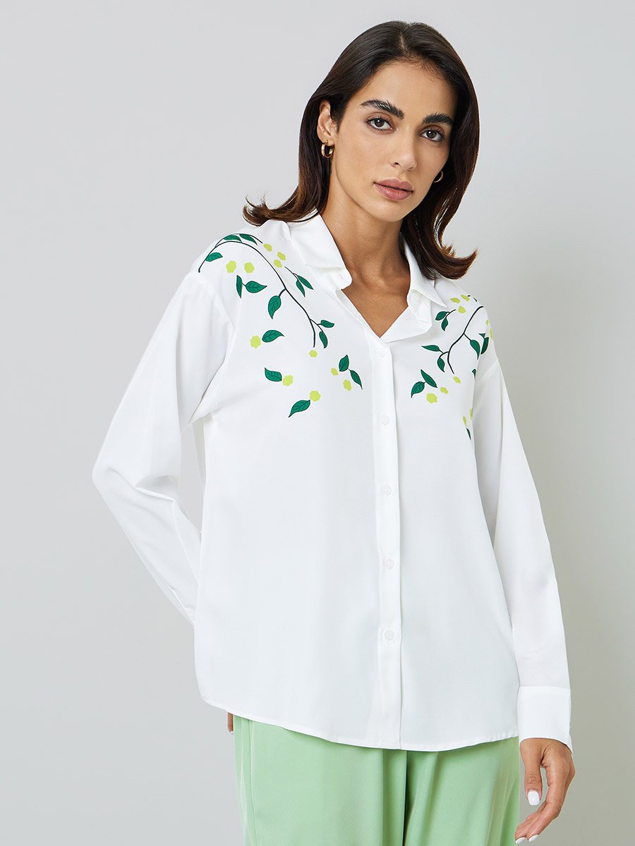 White Long Sleeve Shirt with Floral Embroidery