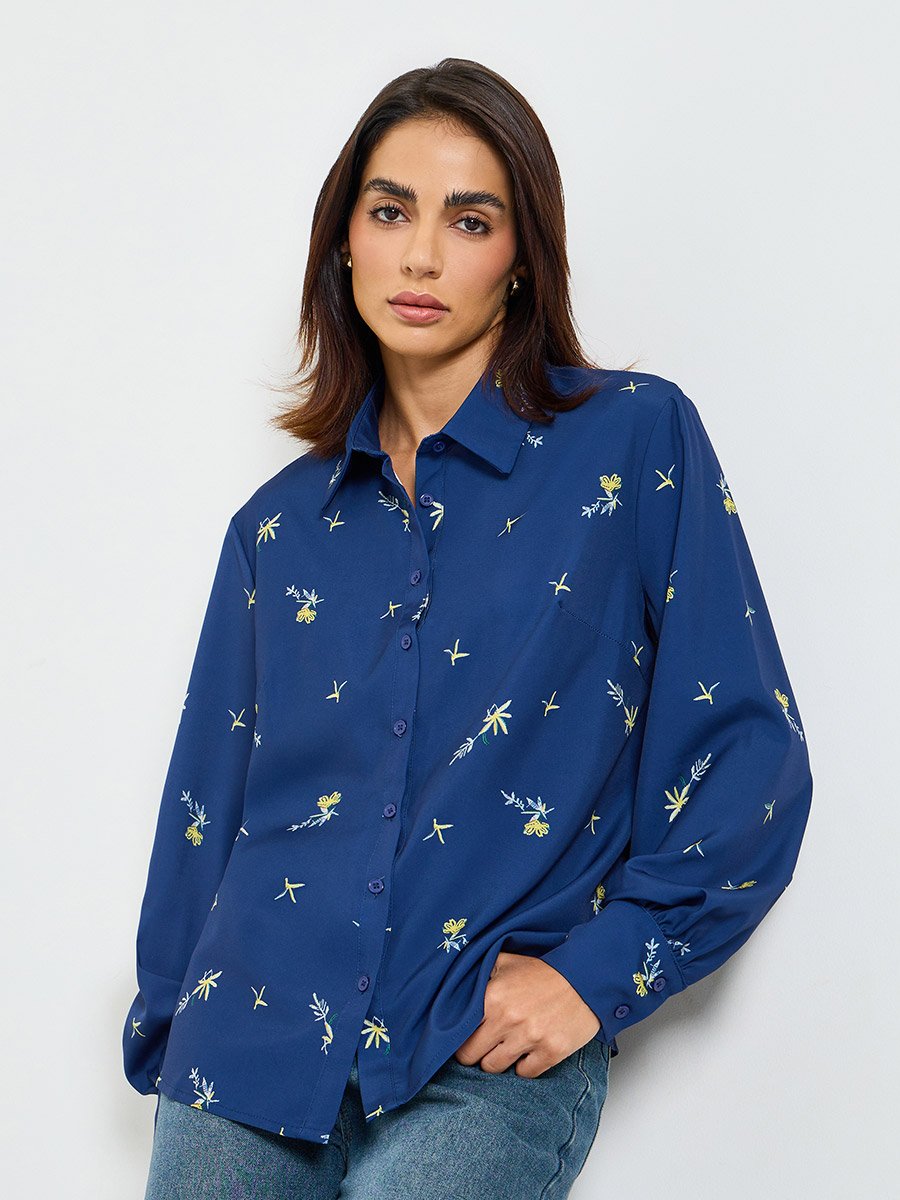 Navy Blue Floral Long Sleeve Regular Fit Shirt