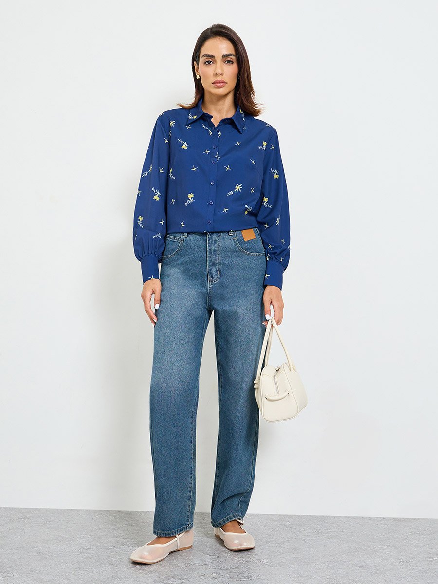 Navy Blue Floral Long Sleeve Regular Fit Shirt