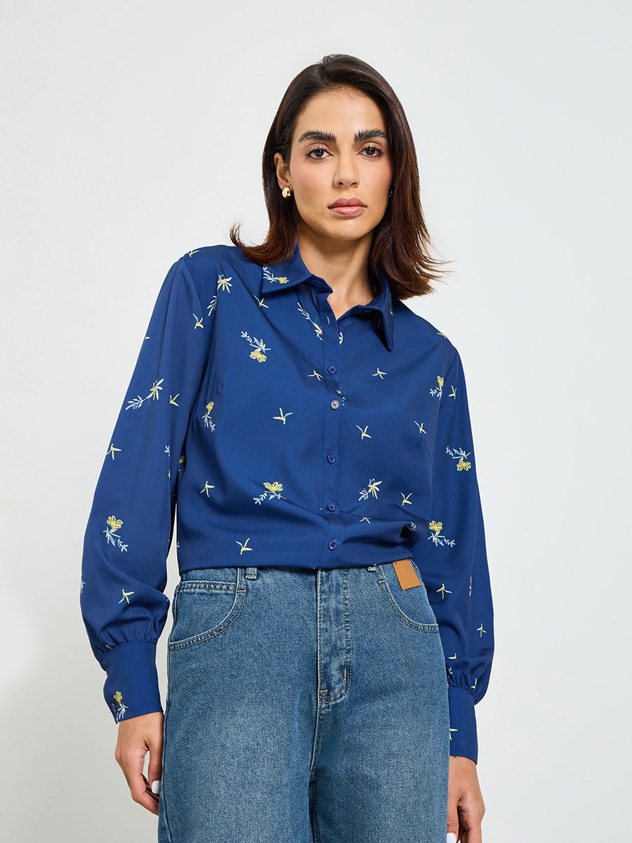 Navy Blue Floral Long Sleeve Regular Fit Shirt