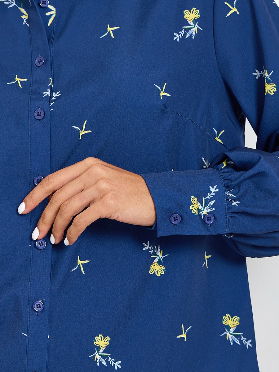 Navy Blue Floral Long Sleeve Regular Fit Shirt