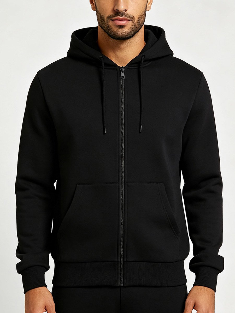 Black Zip-Up Plain Hoodie