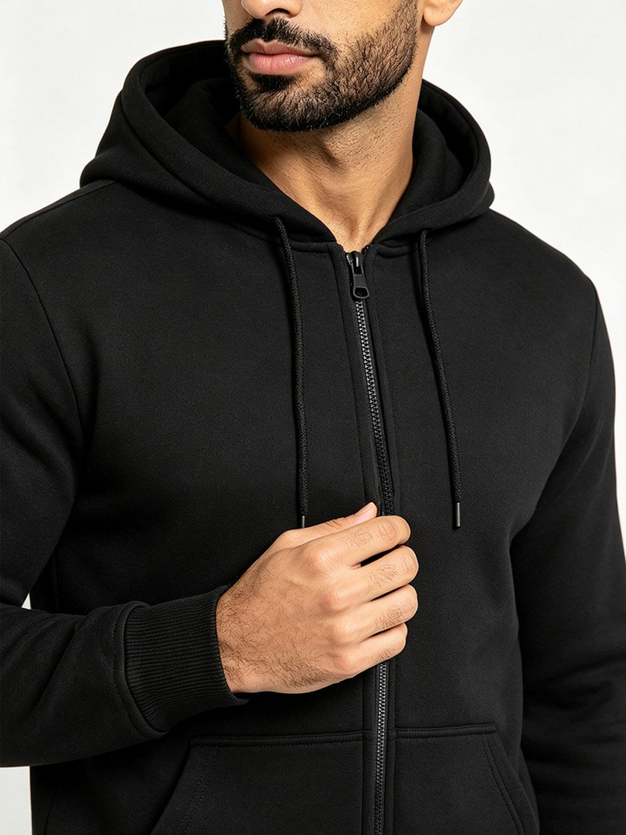 Black Zip-Up Plain Hoodie