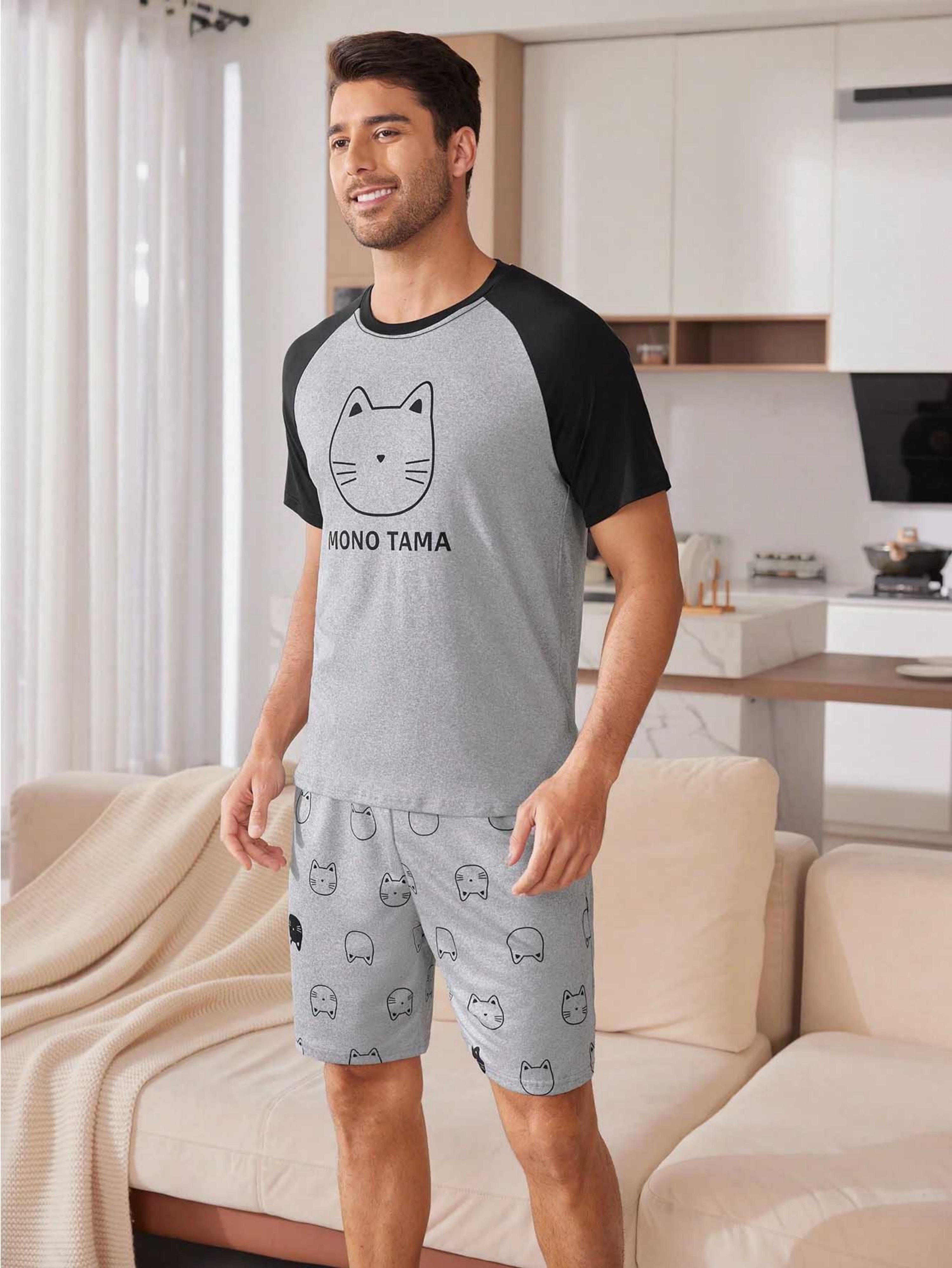 Grey Graphic Print T-Shirt and Shorts Pyjama Set