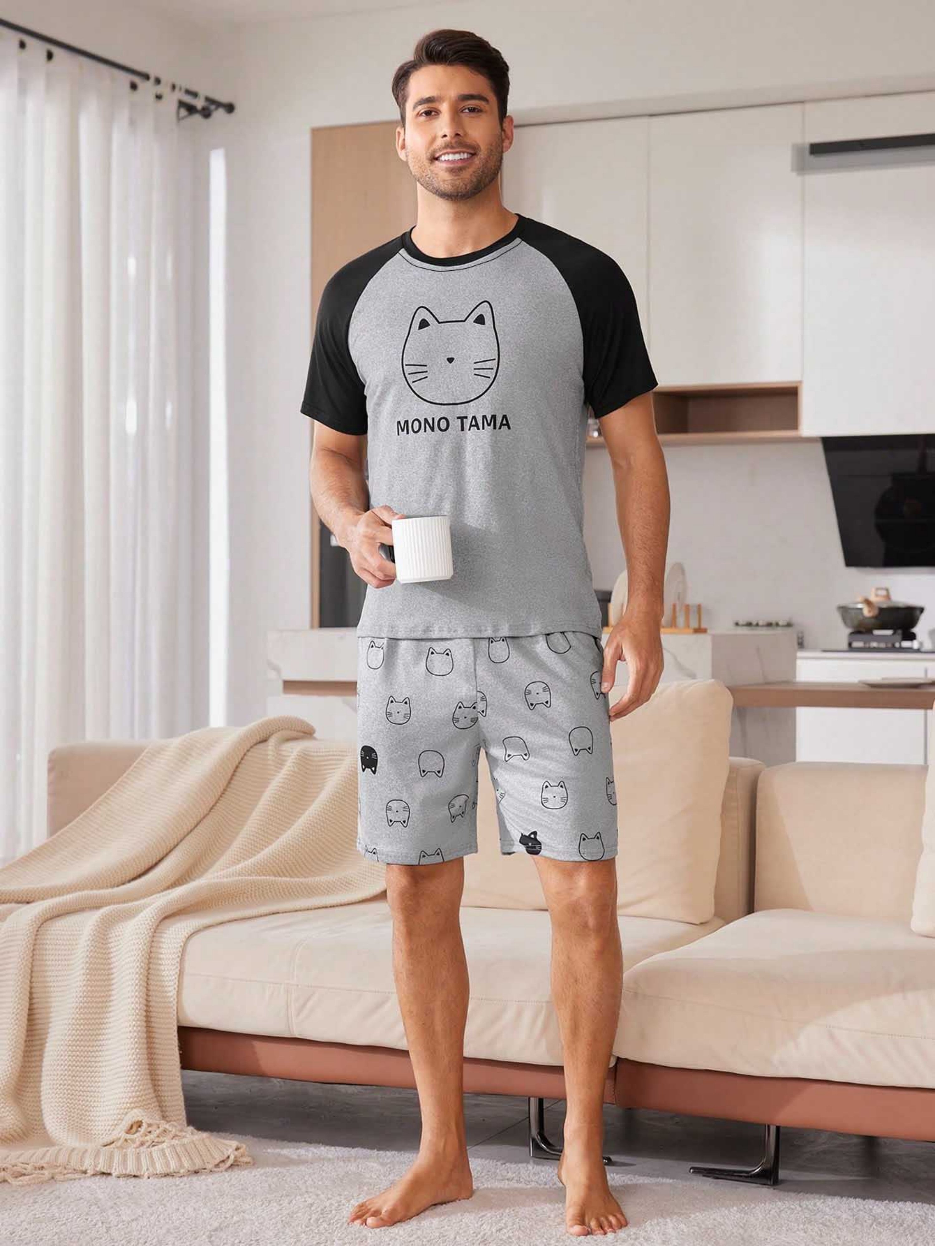 Grey Graphic Print T-Shirt and Shorts Pyjama Set