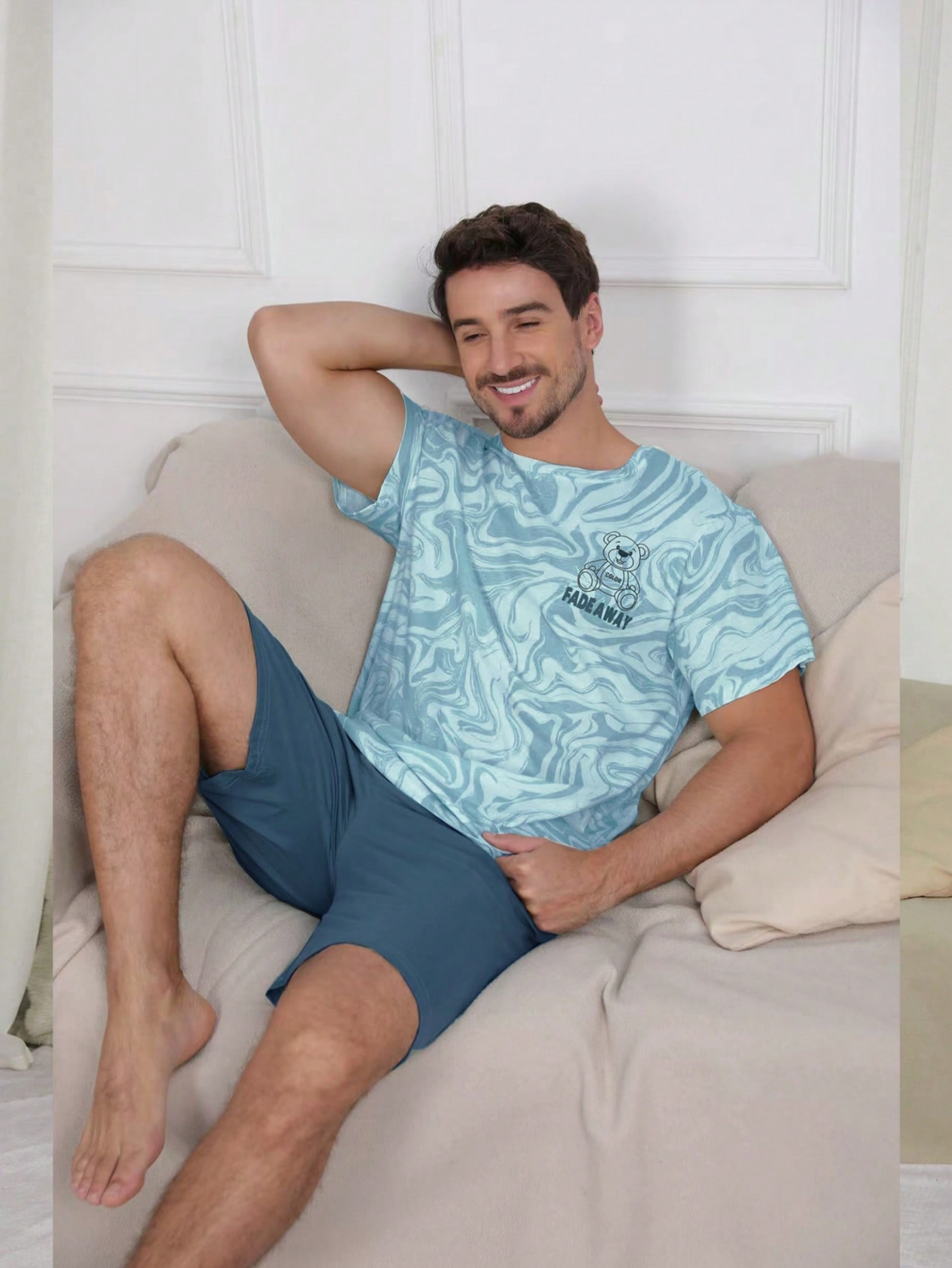 Blue Graphic Print T-Shirt and Solid Shorts Pyjama Set