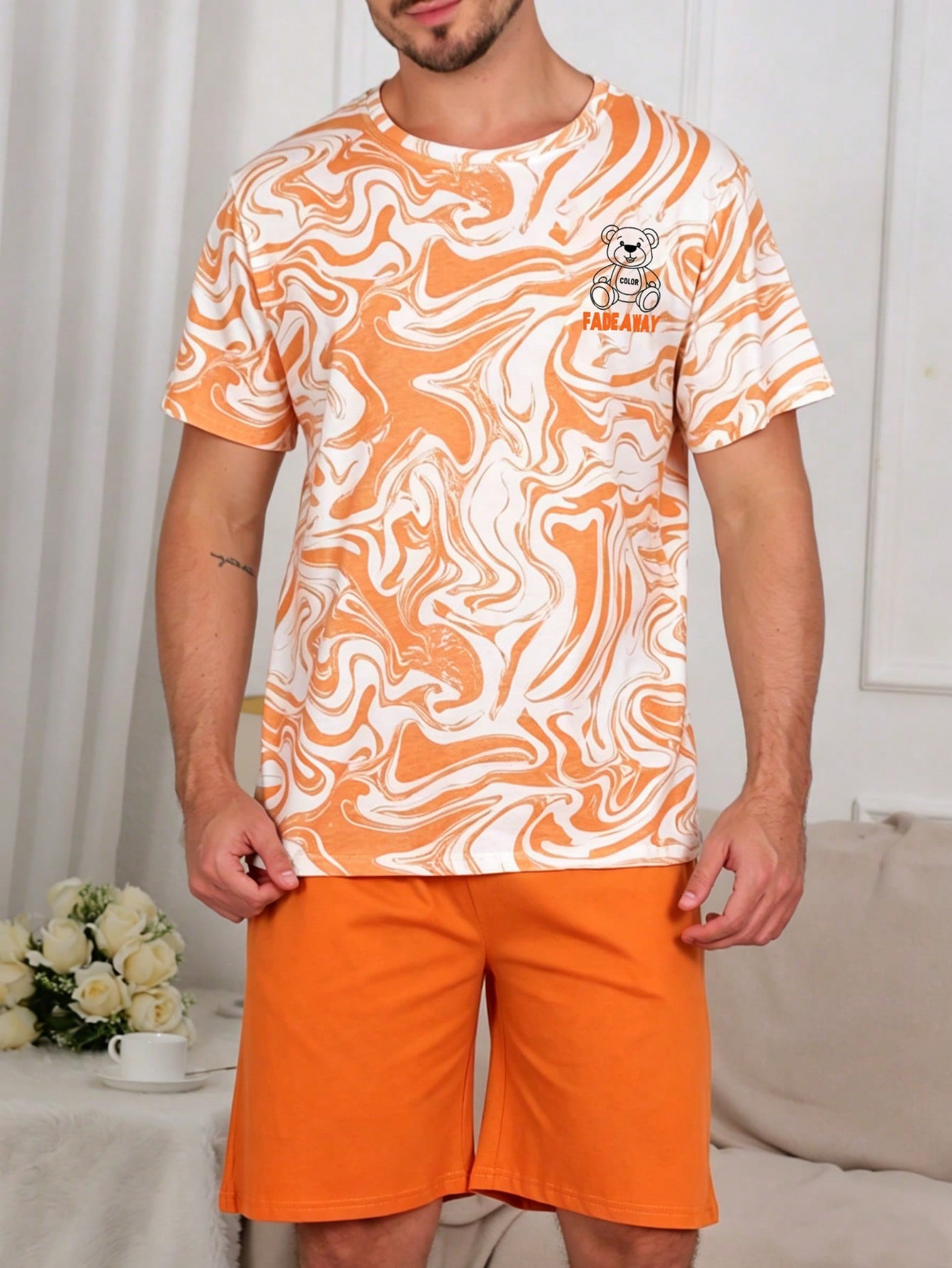 Orange Graphic Print T-Shirt and Solid Shorts Pyjama Set