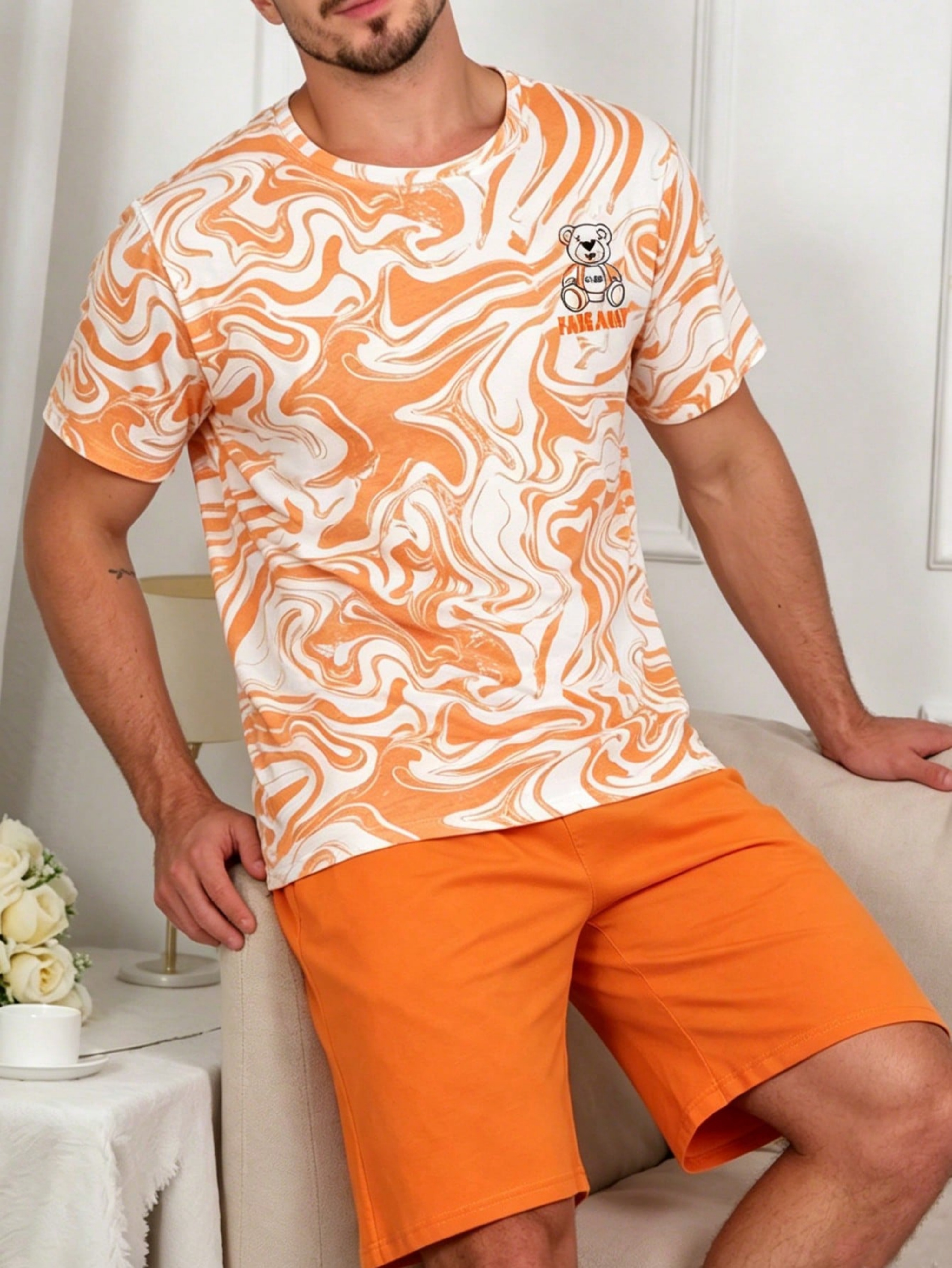 Orange Graphic Print T-Shirt and Solid Shorts Pyjama Set