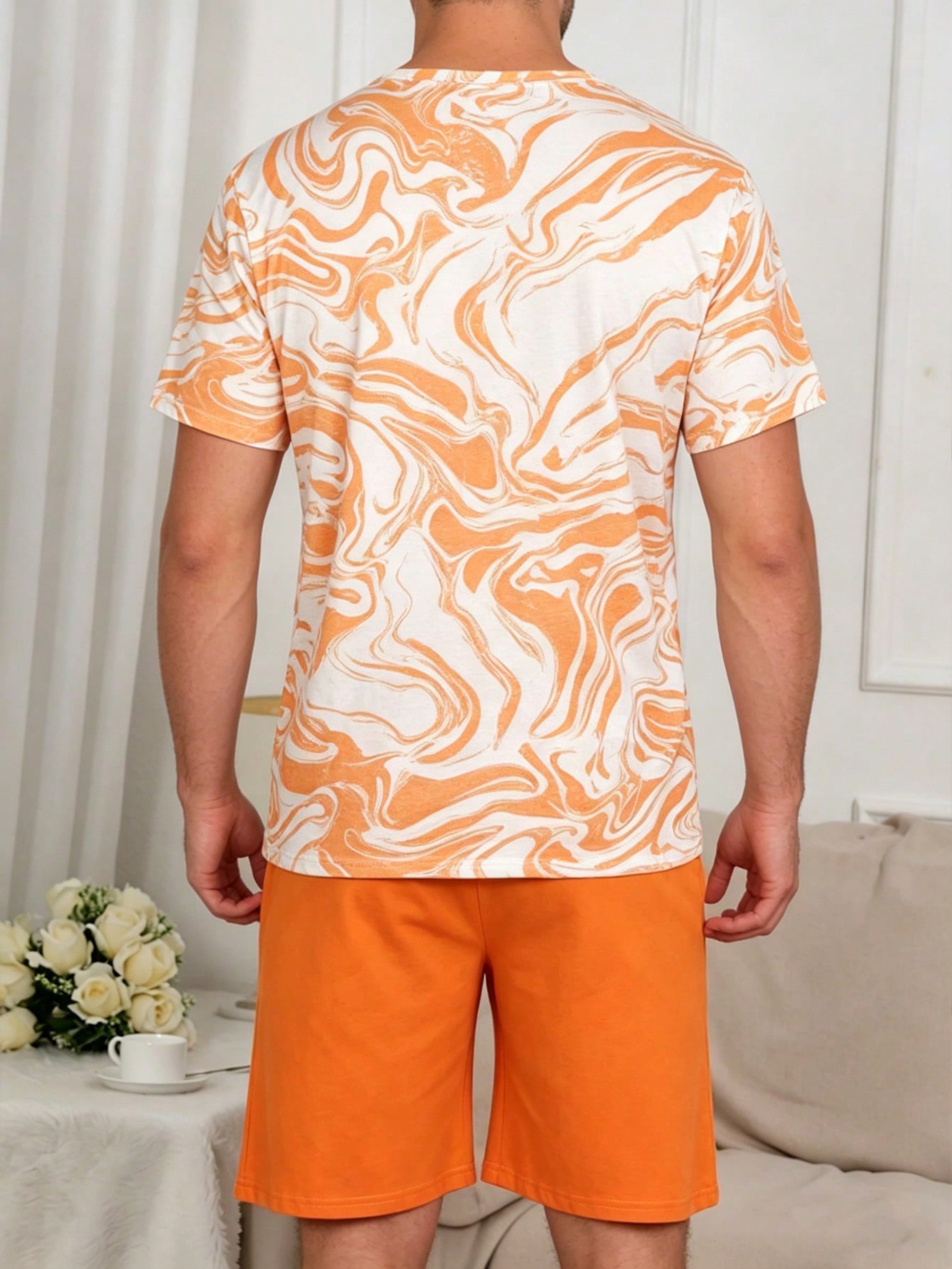 Orange Graphic Print T-Shirt and Solid Shorts Pyjama Set