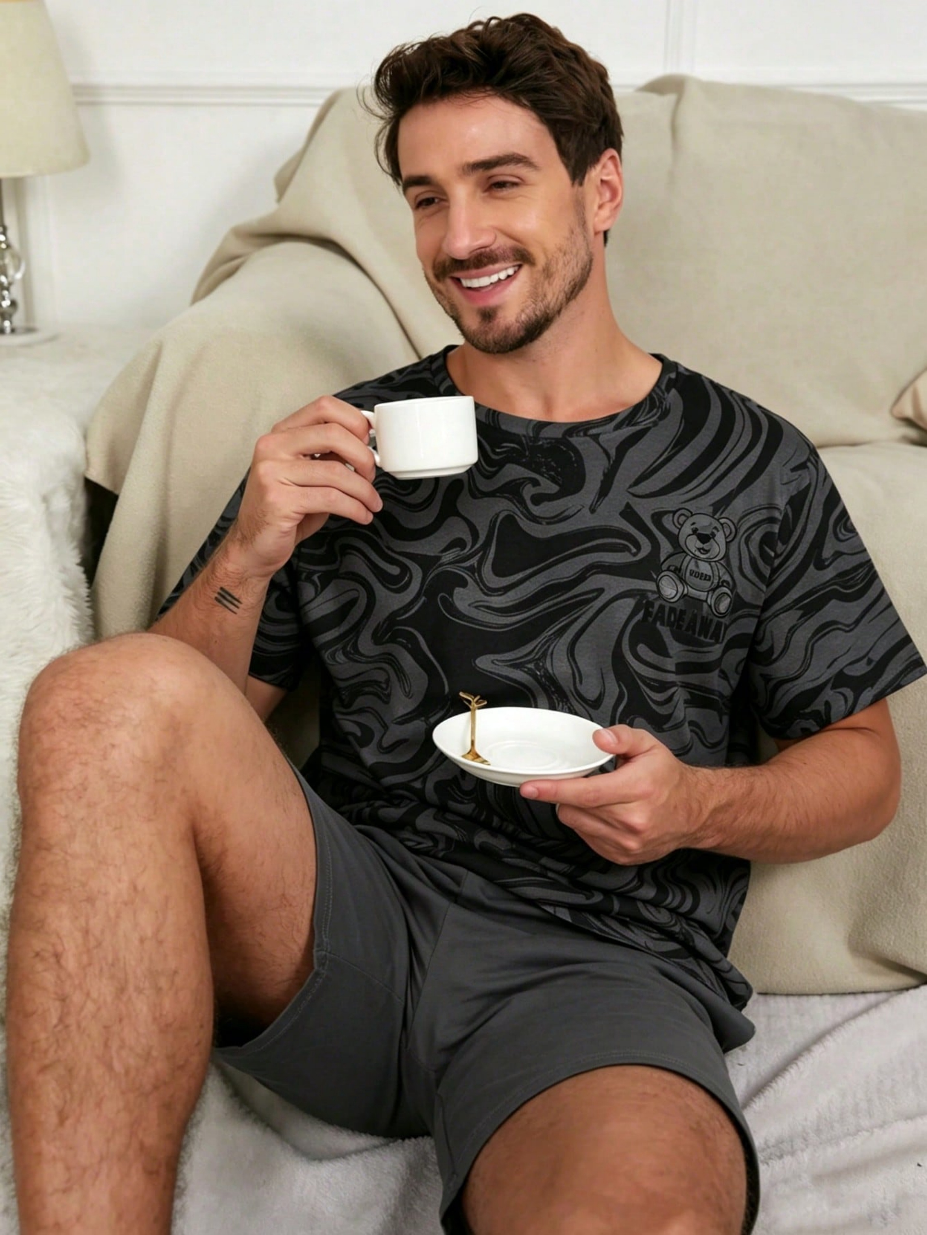 Black Graphic Print T-Shirt and Solid Shorts Pyjama Set