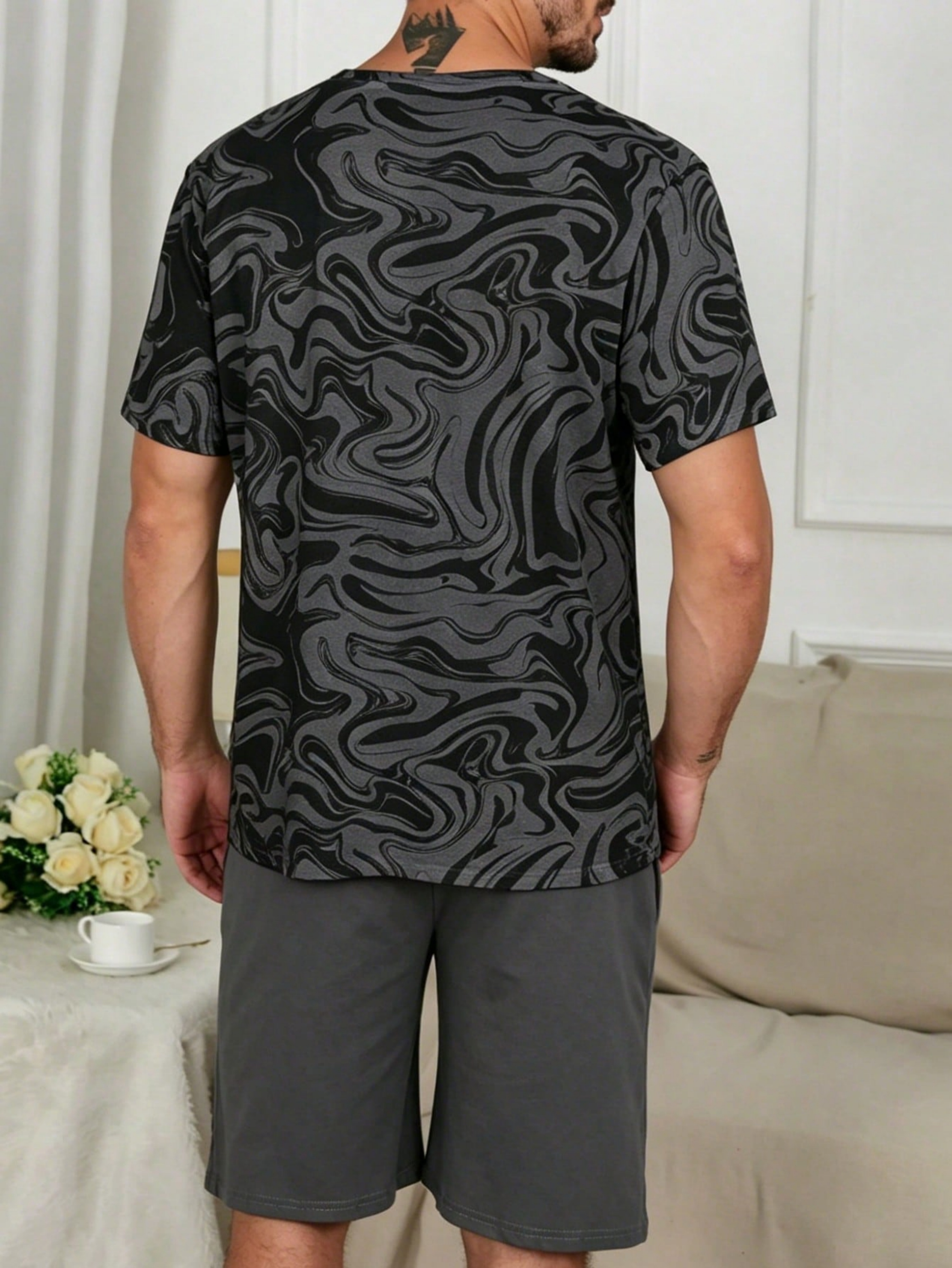 Black Graphic Print T-Shirt and Solid Shorts Pyjama Set