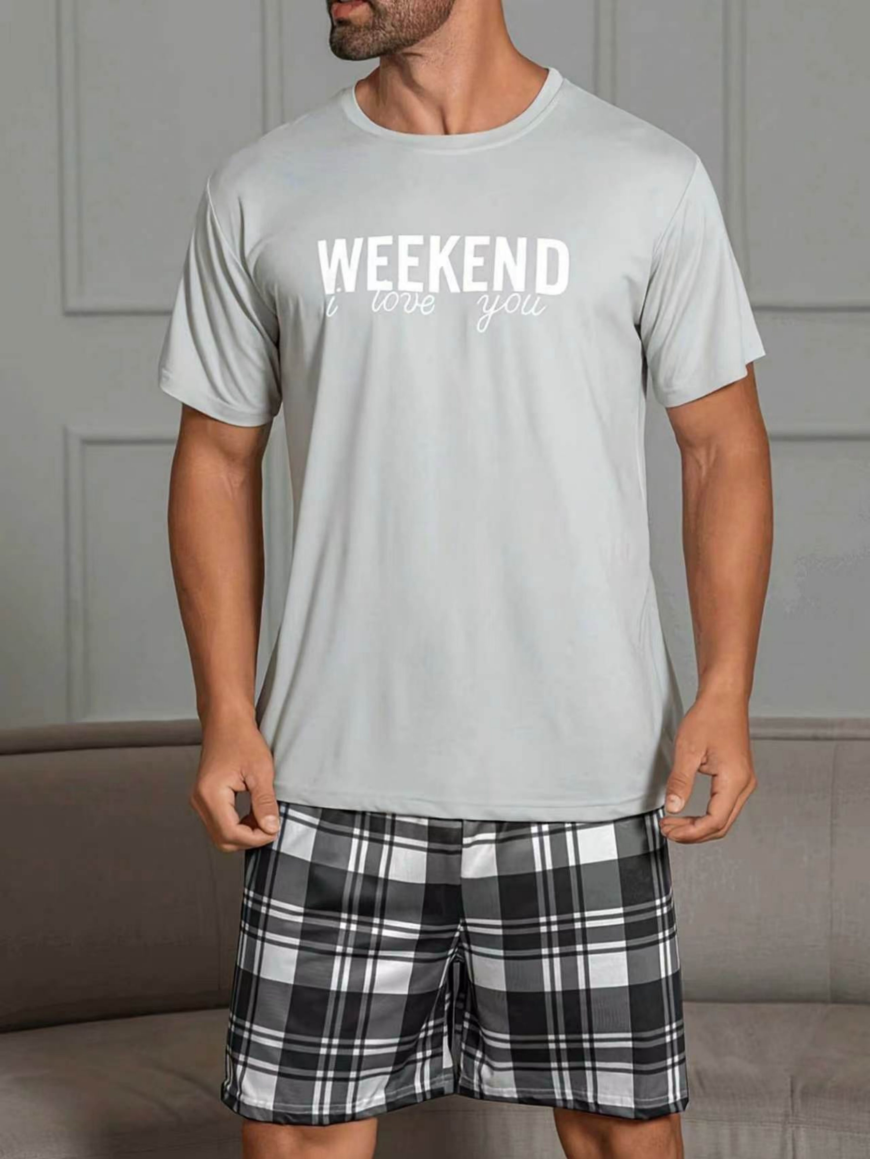 Grey Graphic Print T-Shirt and Checked Shorts Pyjama Set