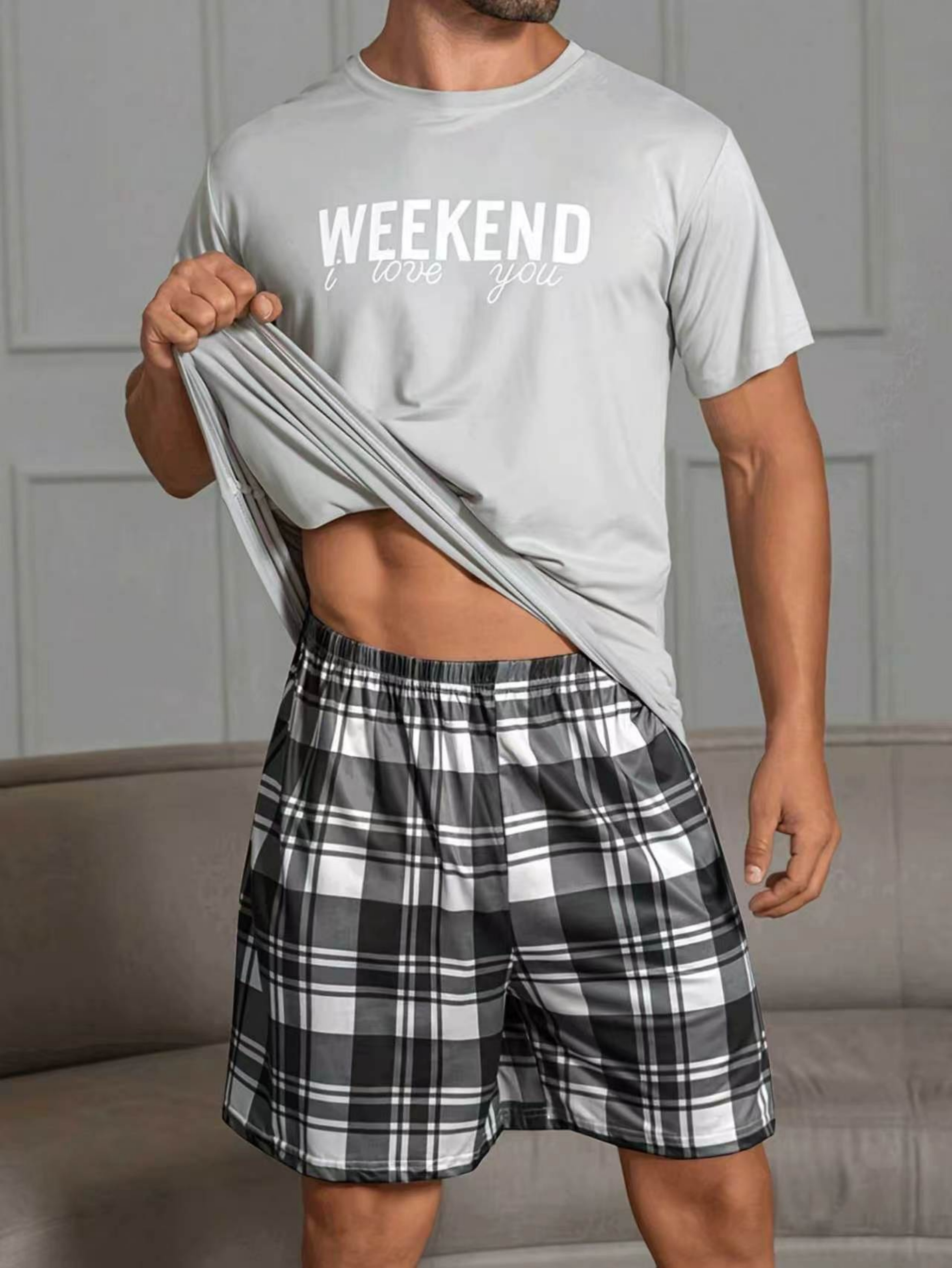 Grey Graphic Print T-Shirt and Checked Shorts Pyjama Set