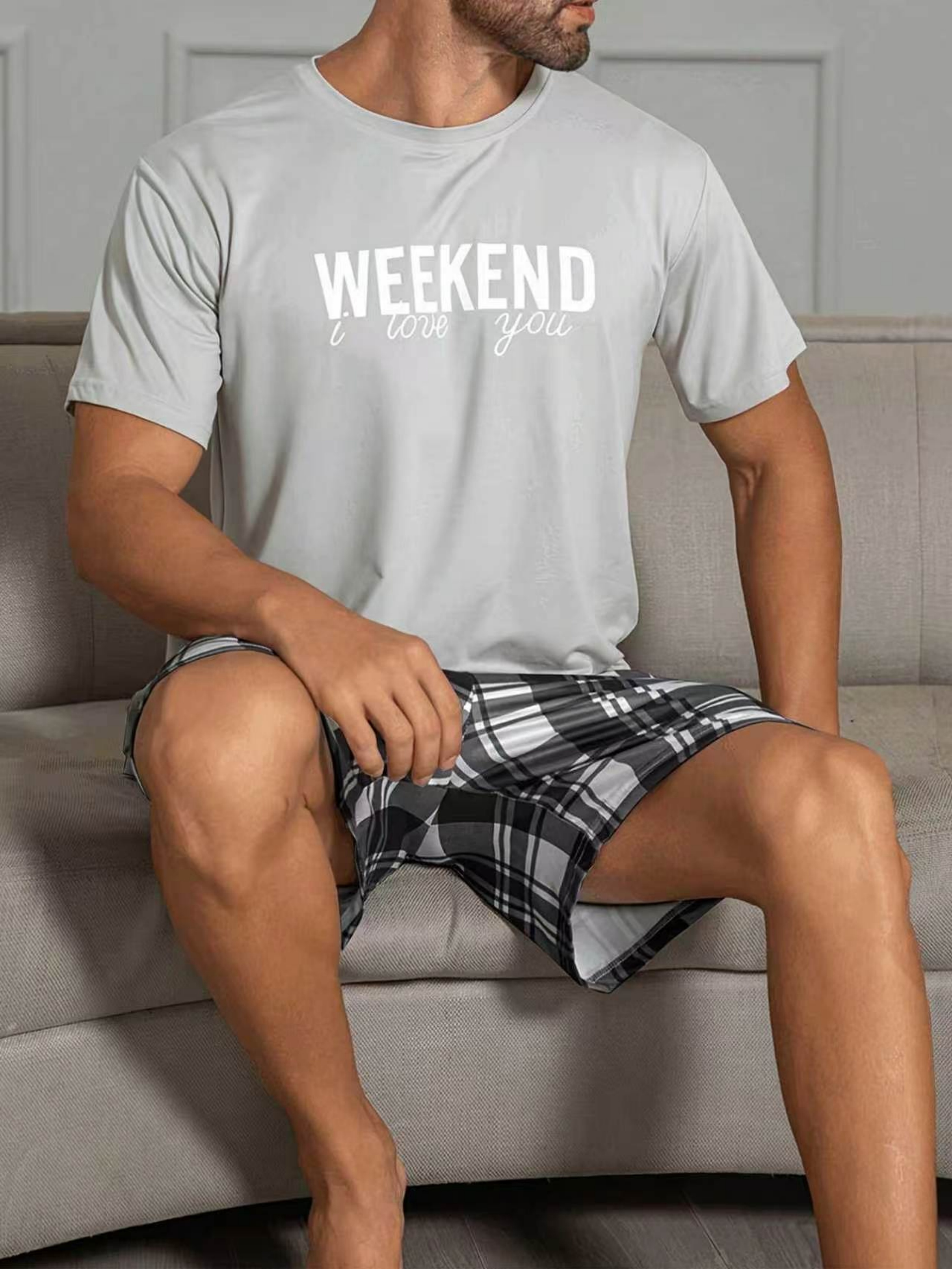 Grey Graphic Print T-Shirt and Checked Shorts Pyjama Set