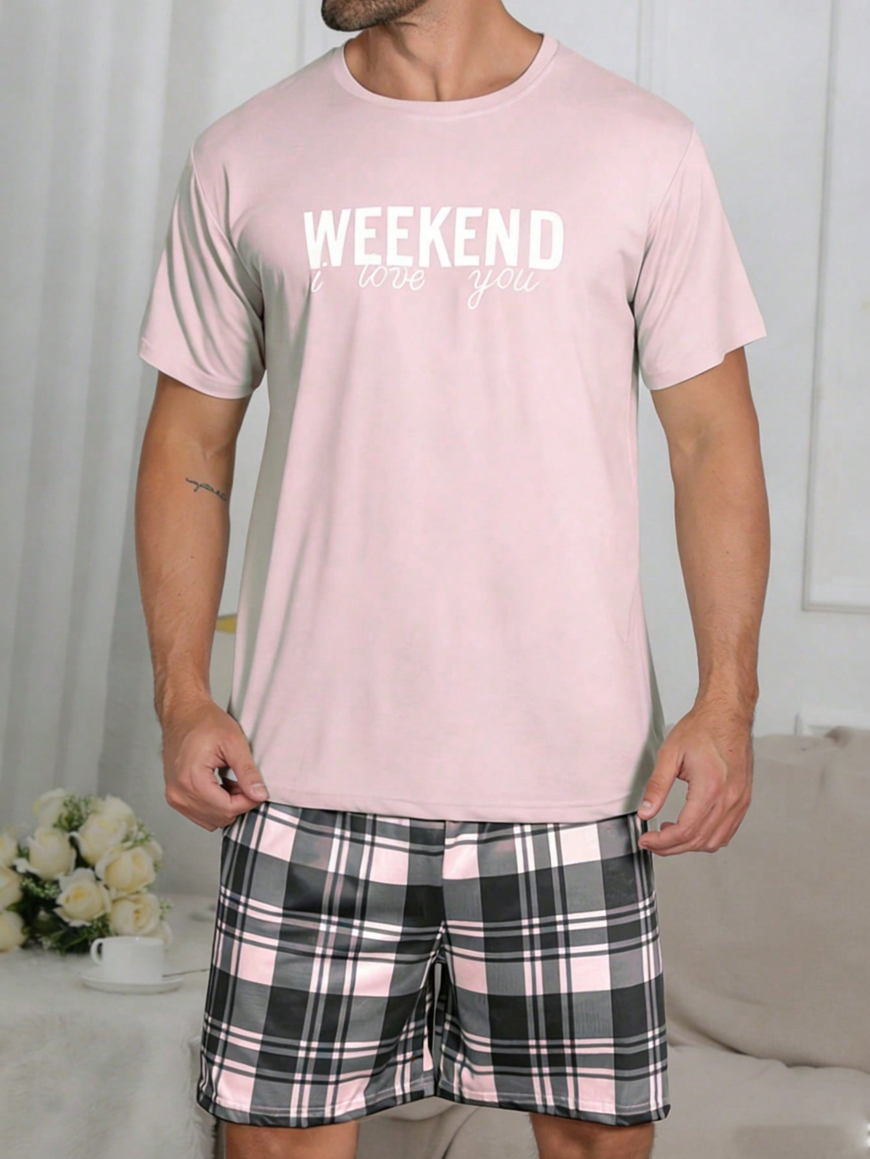 Light Pink Graphic Print T-Shirt and Checked Shorts Pyjama Set
