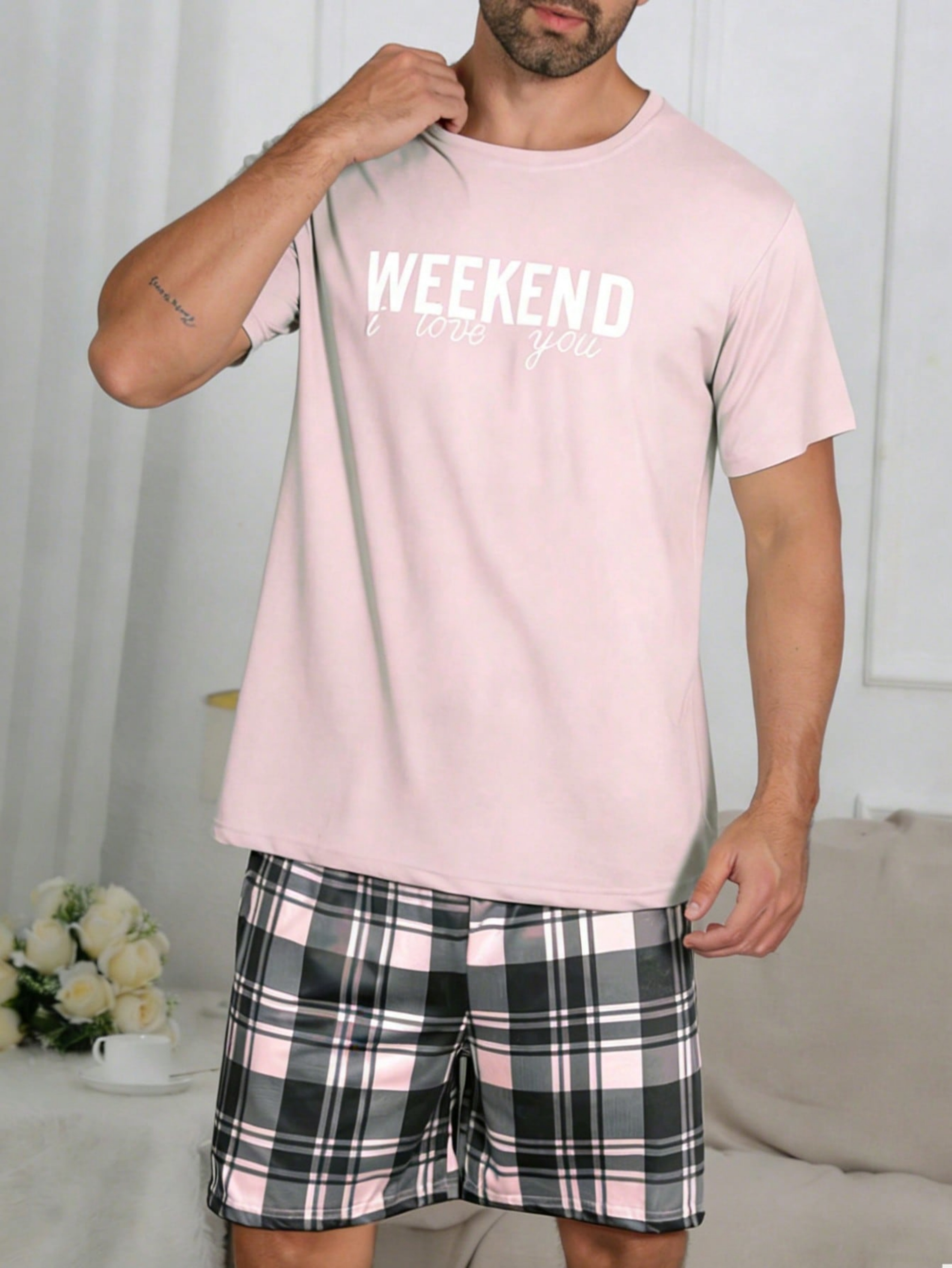 Light Pink Graphic Print T-Shirt and Checked Shorts Pyjama Set