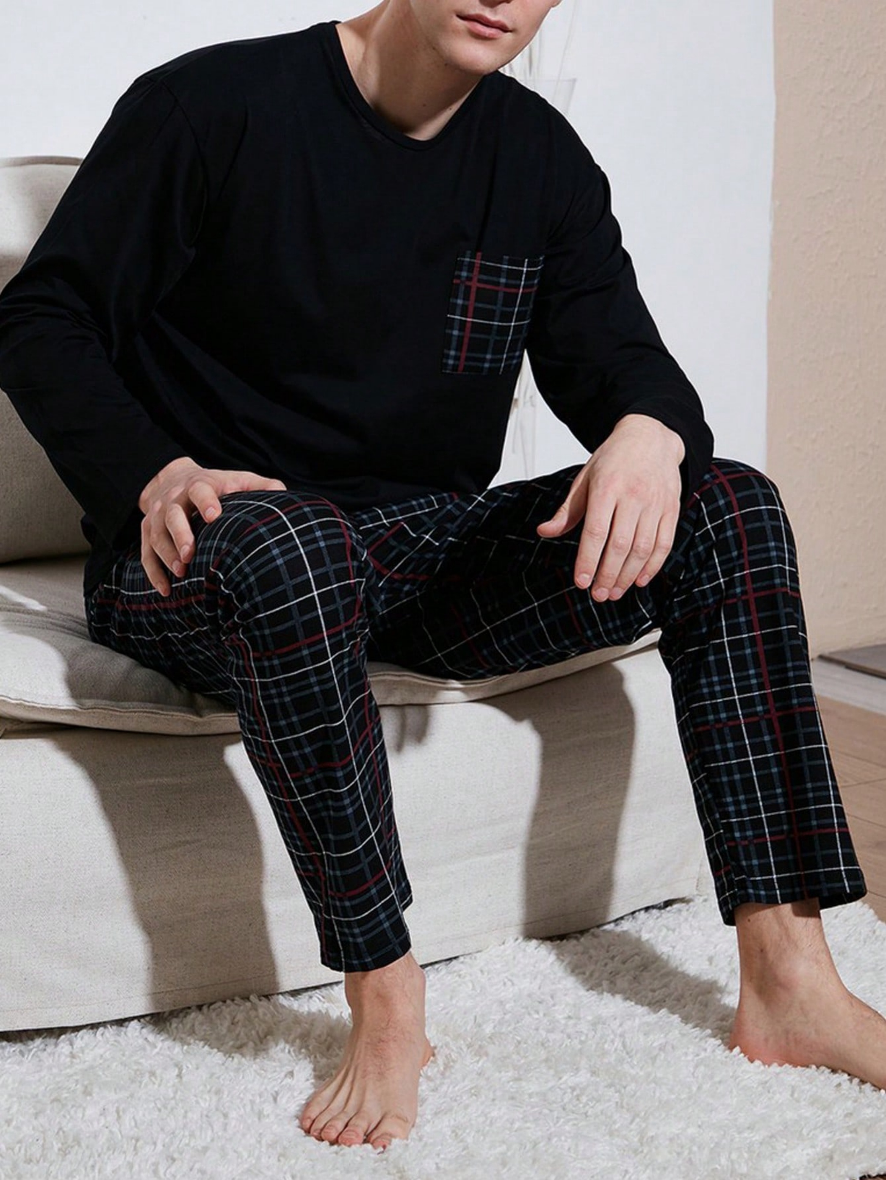 Black Pocket Detail T-Shirt and Checked Pants Pyjama Set