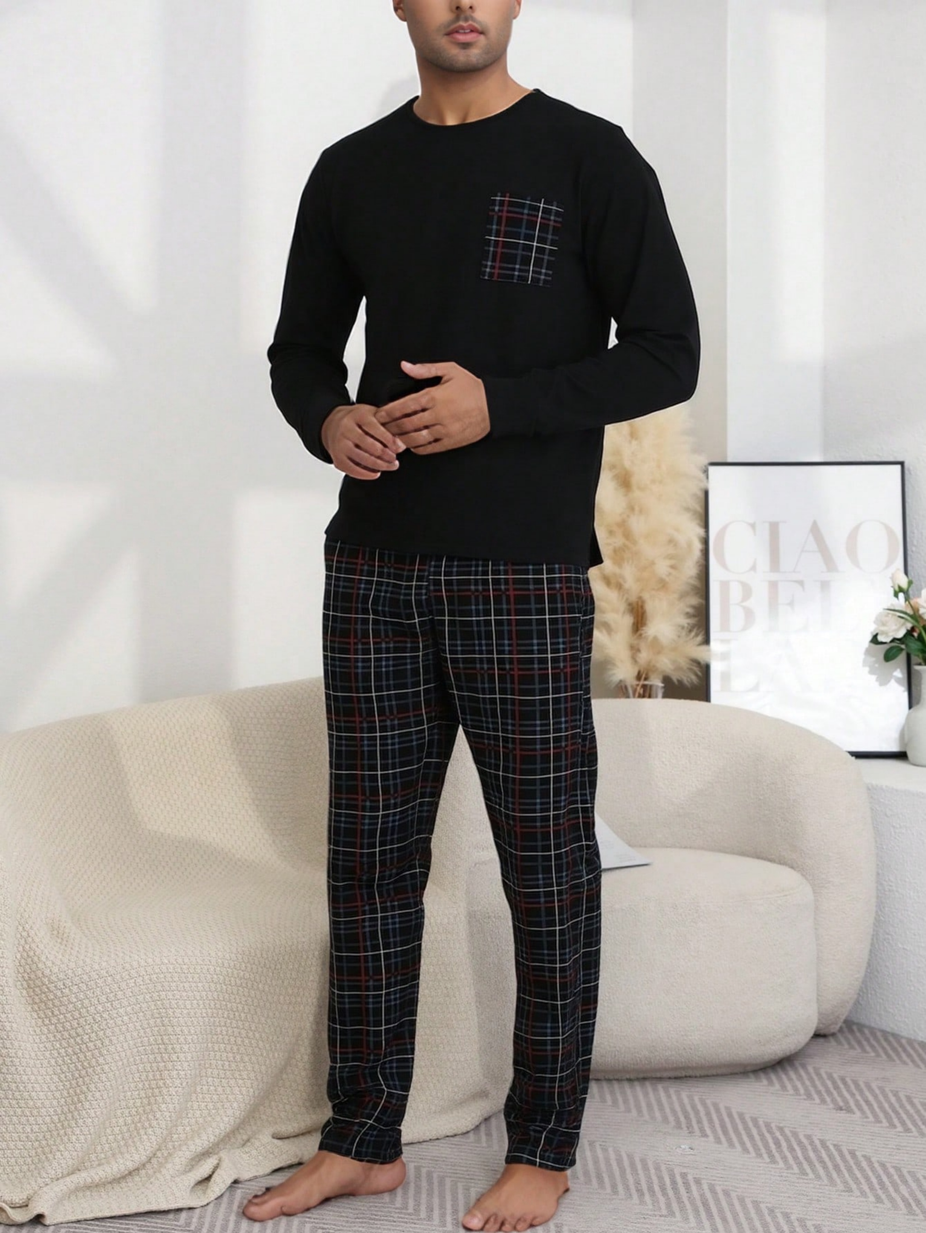 Black Pocket Detail T-Shirt and Checked Pants Pyjama Set