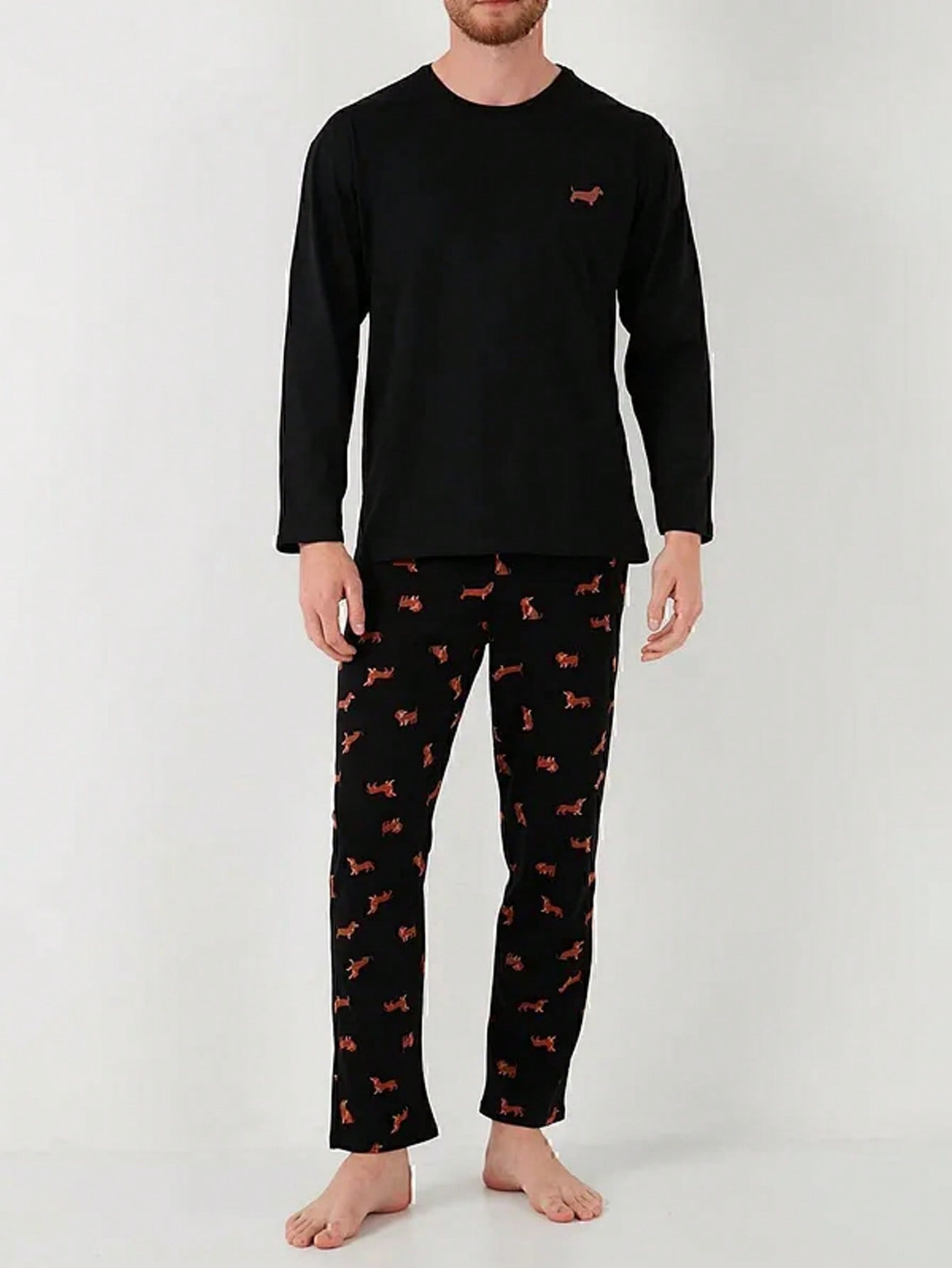 Black Graphic Print Long Sleeves T-Shirt and Pants Pyjama Set