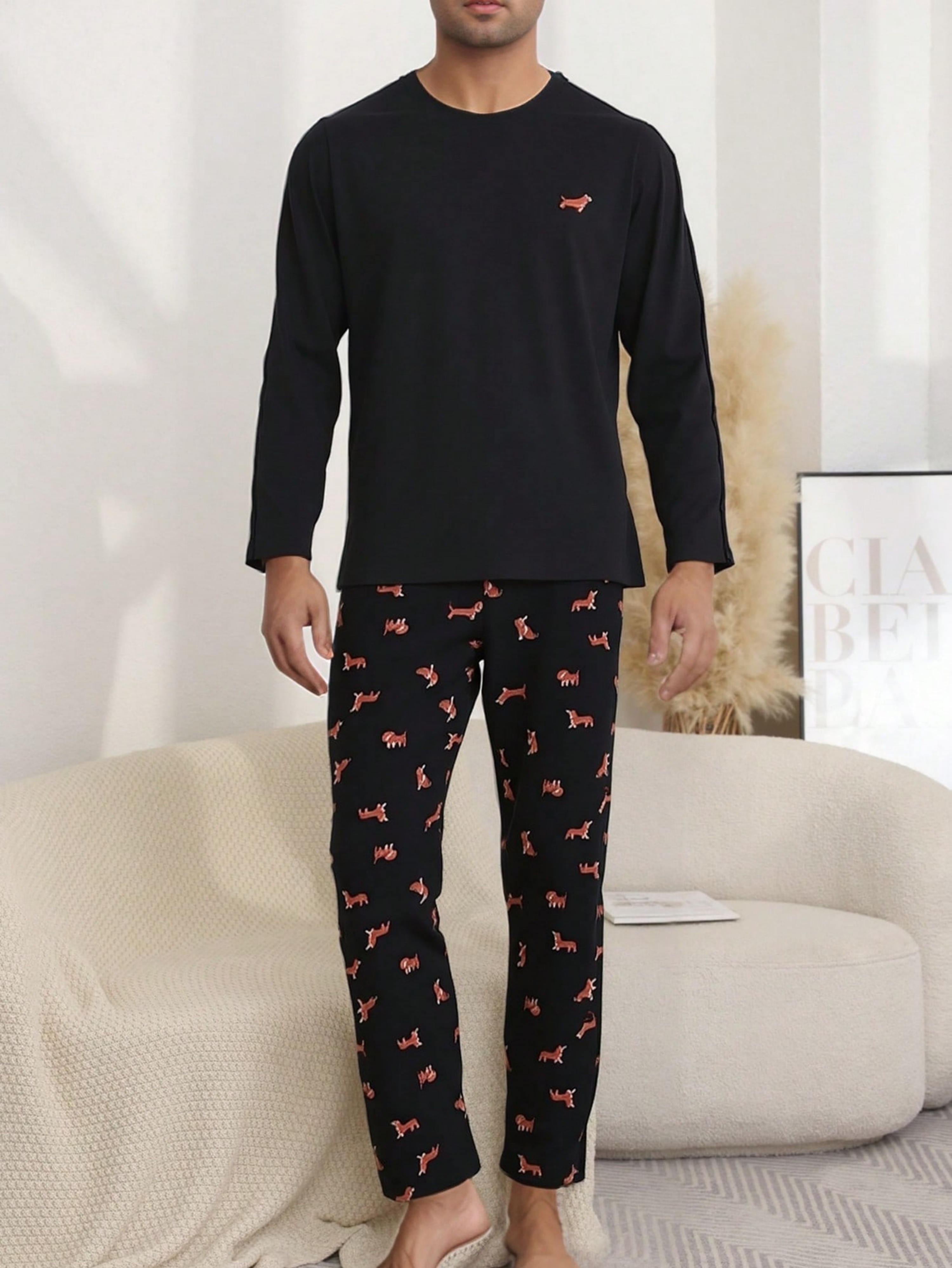 Black Graphic Print Long Sleeves T-Shirt and Pants Pyjama Set