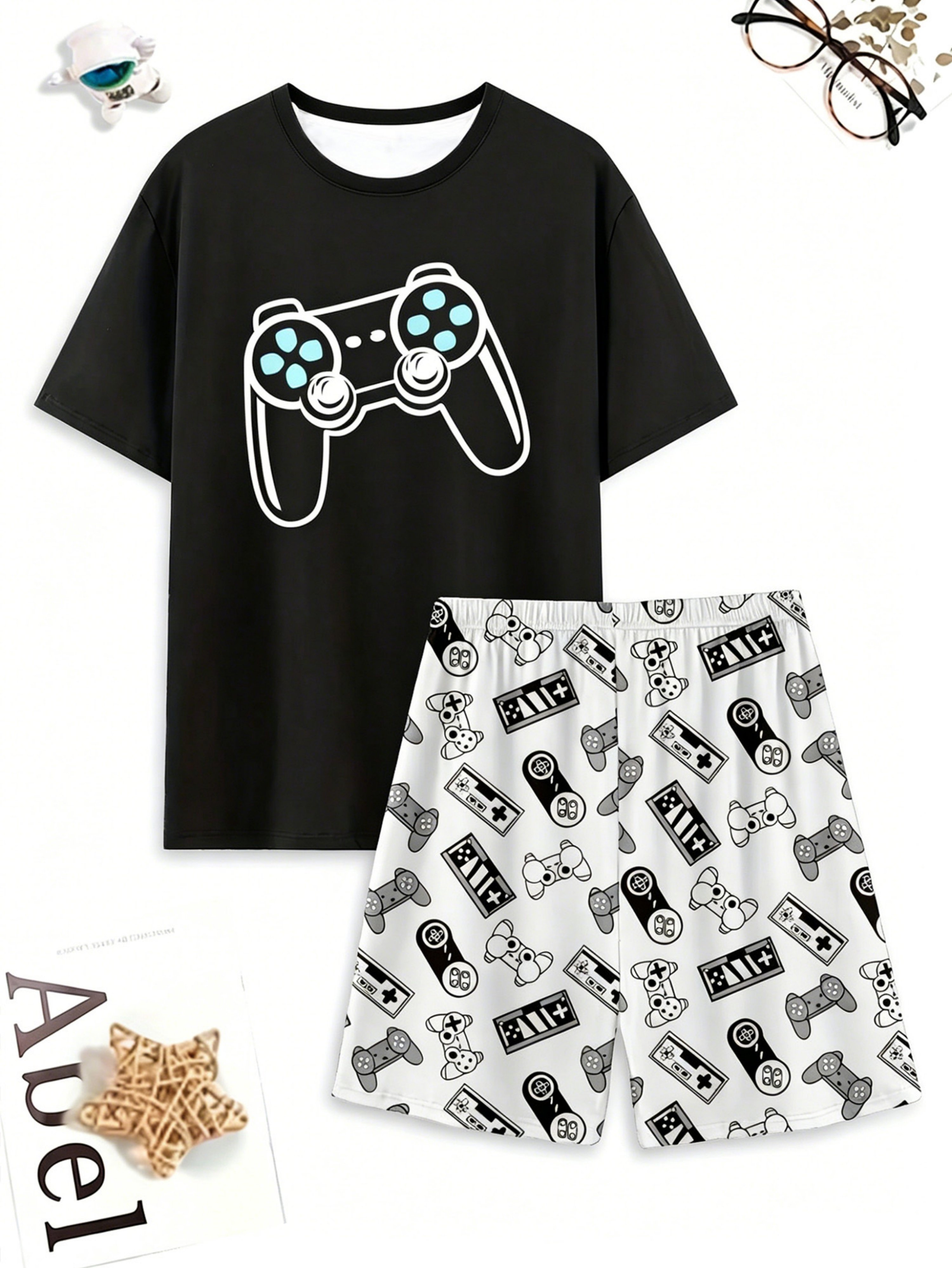 Multi-Color Graphic Print T-Shirt and Shorts Pyjama Set 