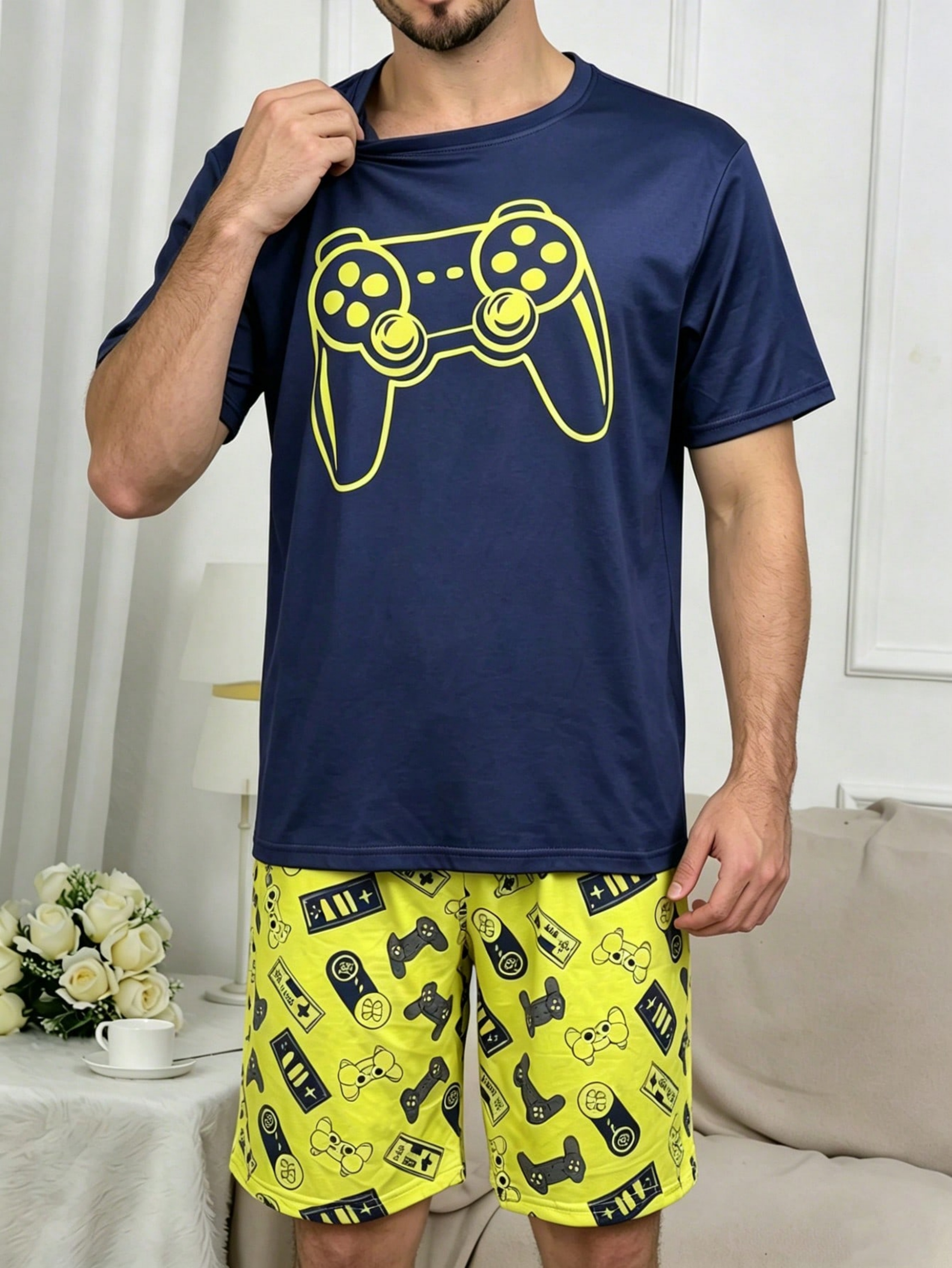 Multi-Color Graphic Print T-Shirt and Shorts Pyjama Set 
