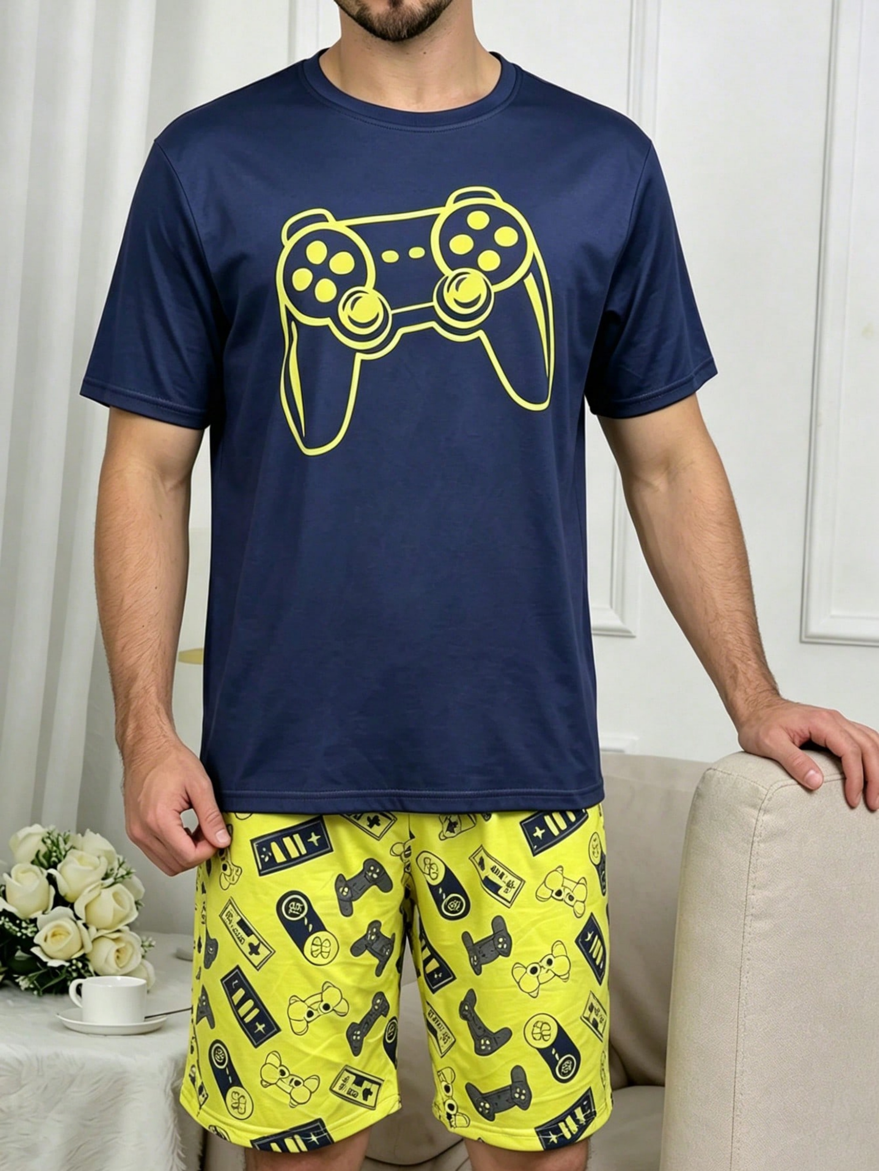 Multi-Color Graphic Print T-Shirt and Shorts Pyjama Set 