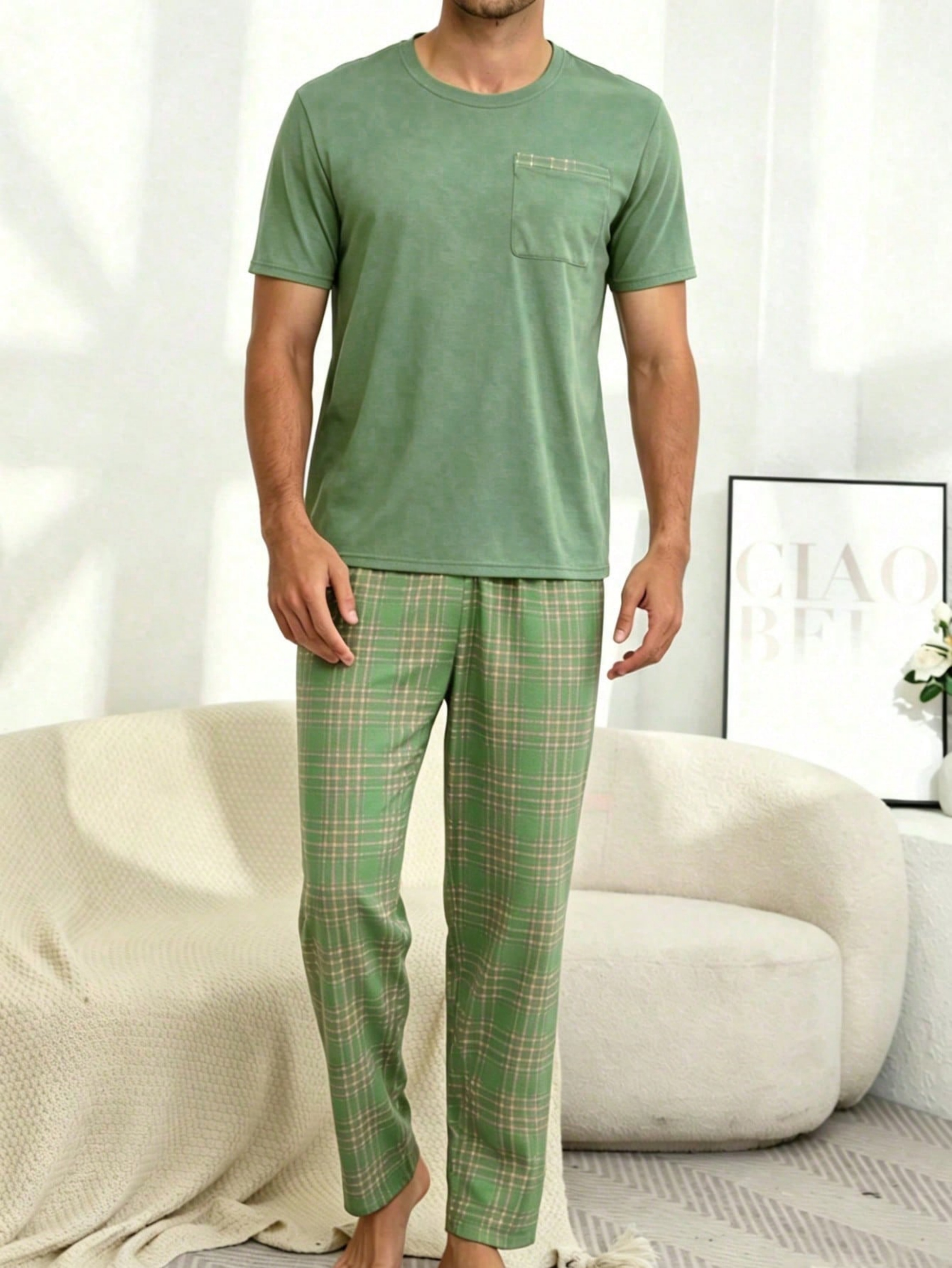 Green Pocket Detail T-Shirt and Checked Pants Pyjama Set