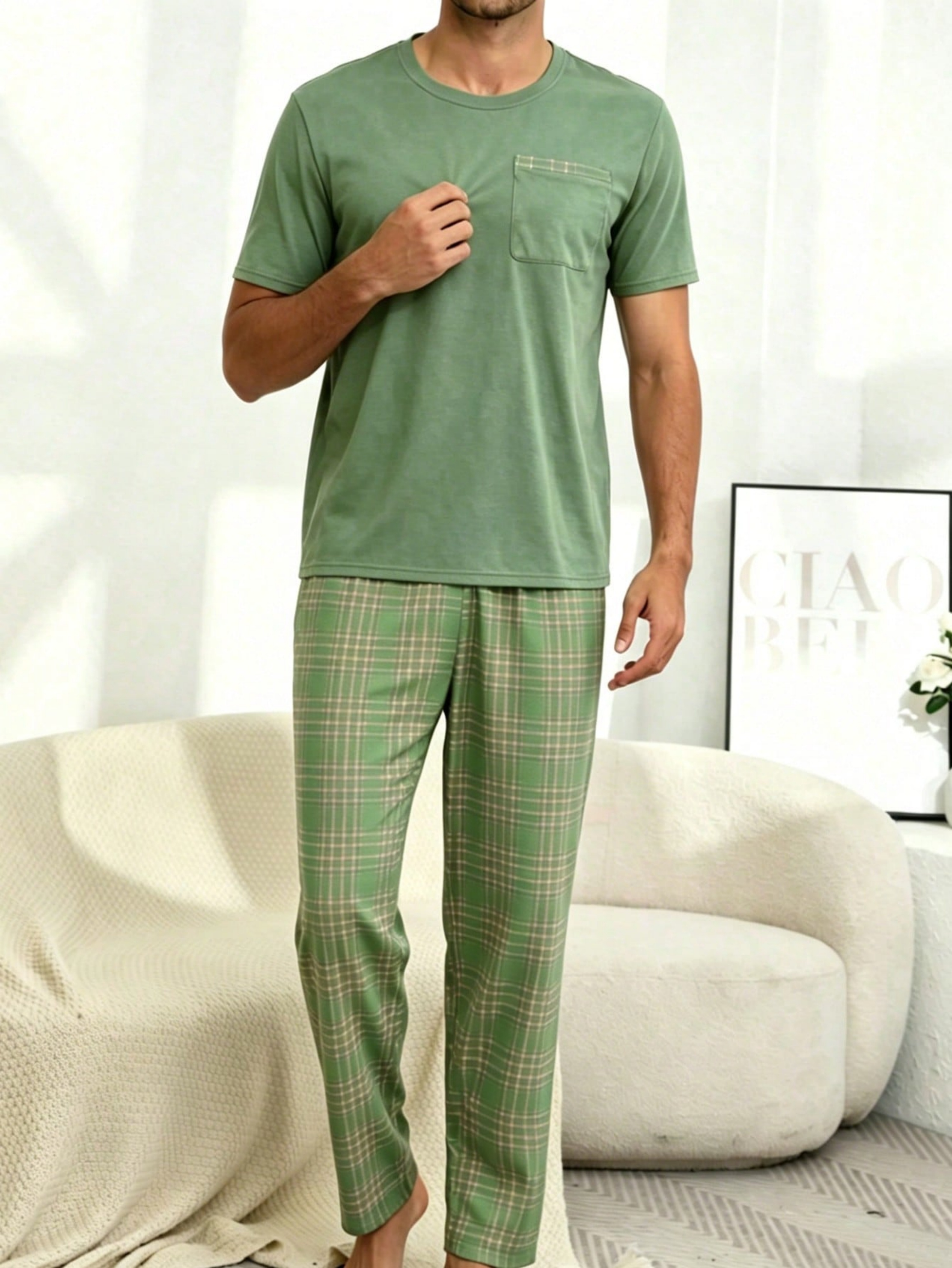Green Pocket Detail T-Shirt and Checked Pants Pyjama Set