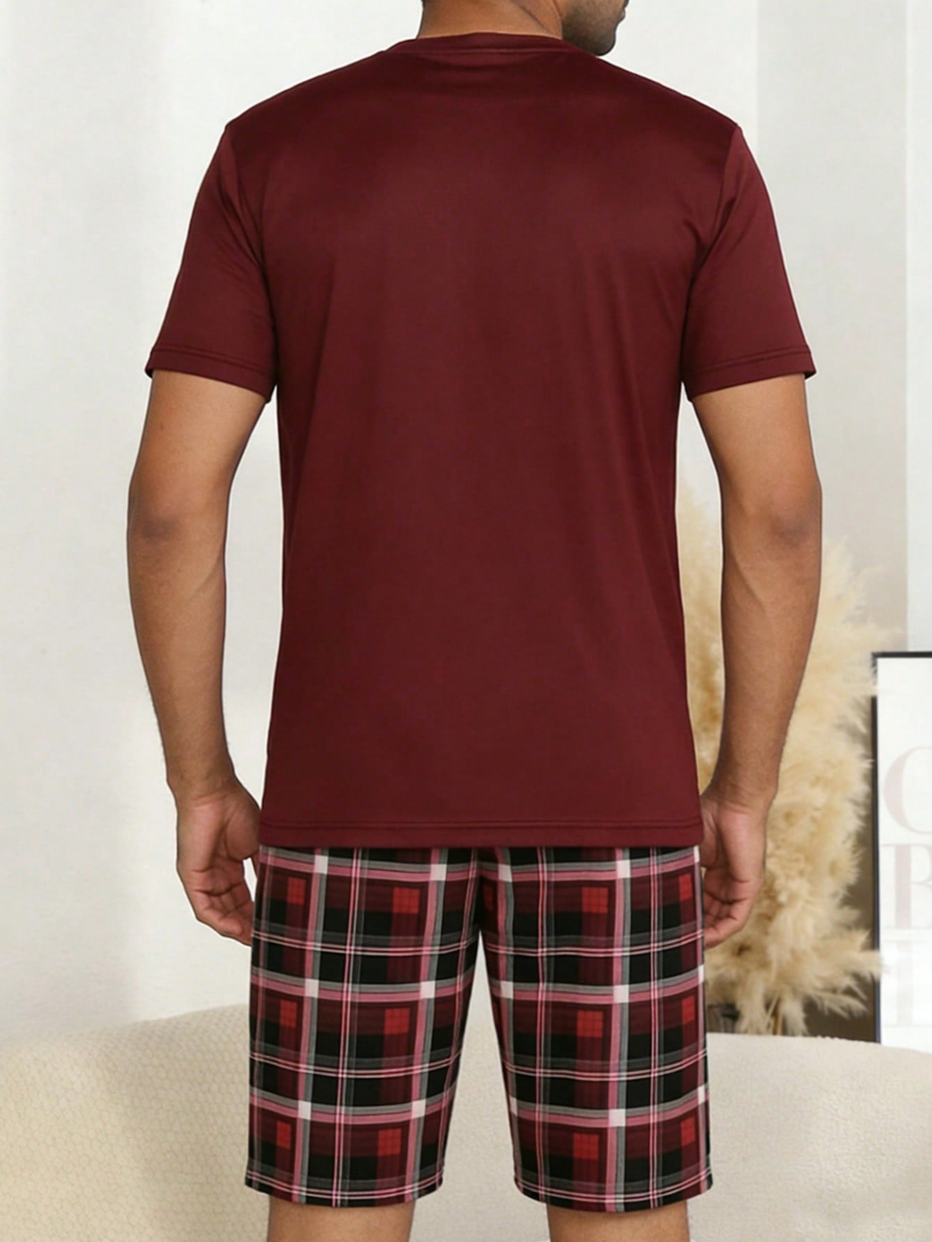 Burgundy Pocket Detail T-Shirt and Checked Shorts Pyjama Set