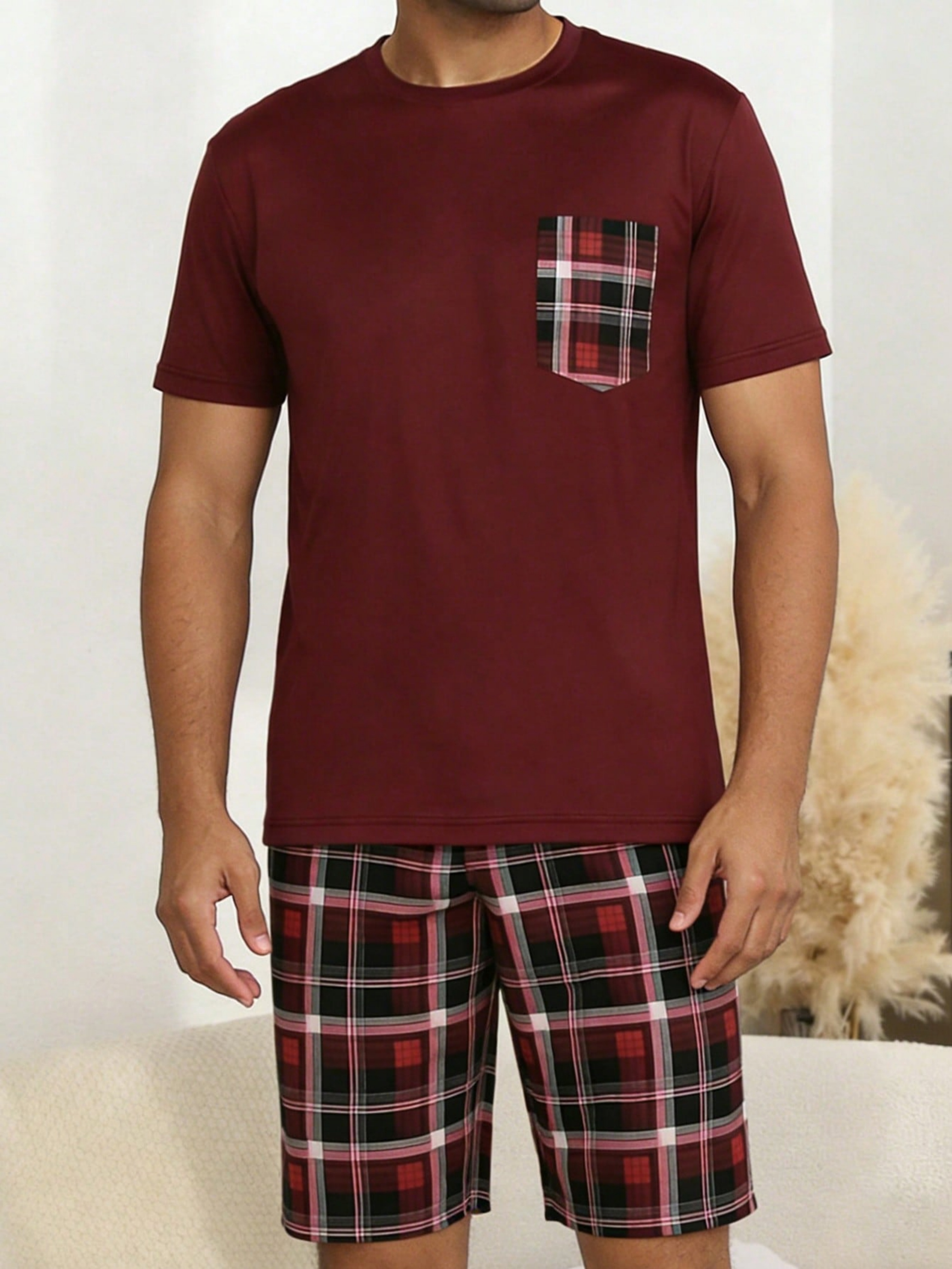 Burgundy Pocket Detail T-Shirt and Checked Shorts Pyjama Set
