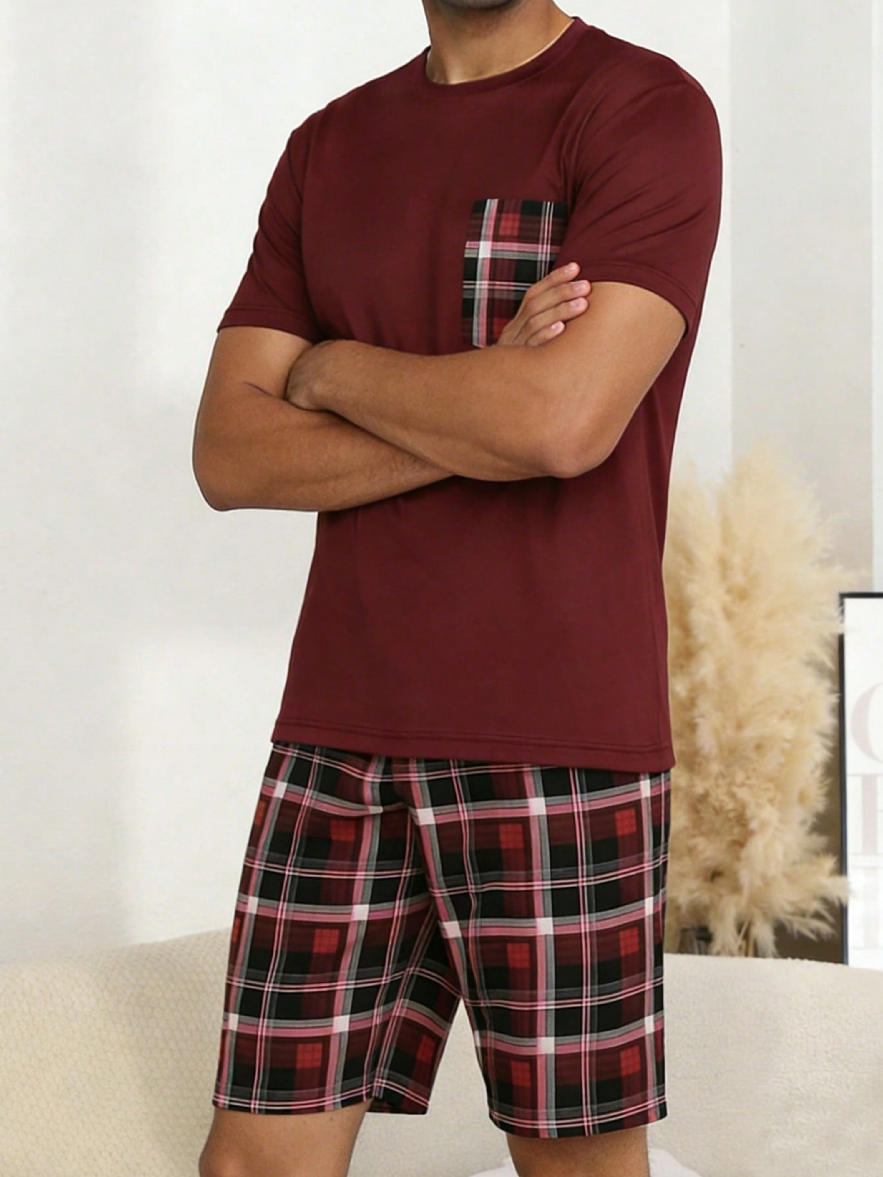 Burgundy Pocket Detail T-Shirt and Checked Shorts Pyjama Set