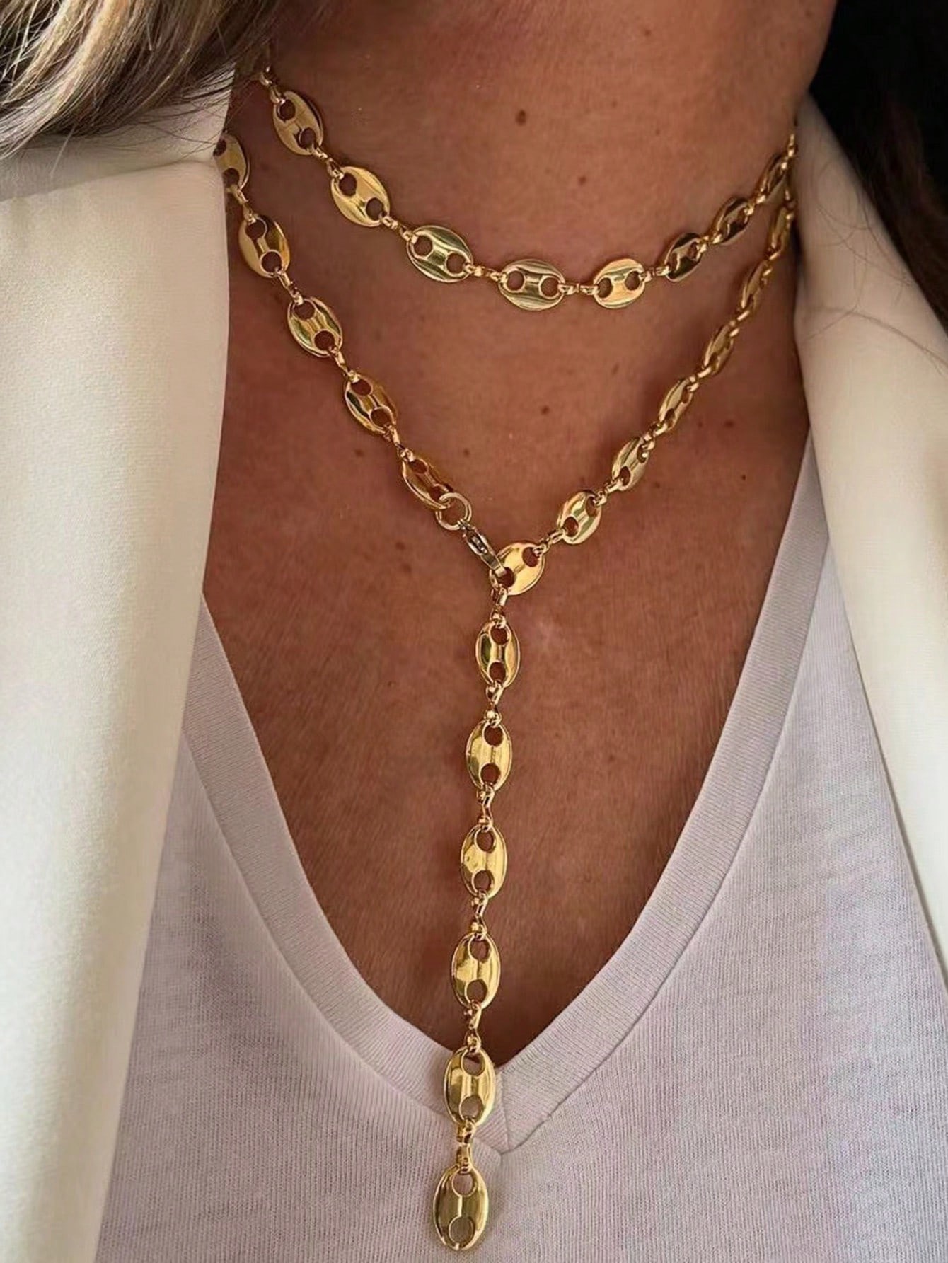 Layered Gold Coffee Bean Chain Necklace Set
