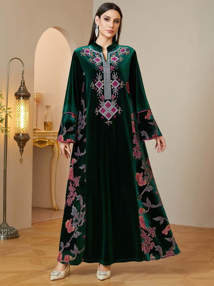 Green Velvet Maxi Jalabiya with Embroidered Details