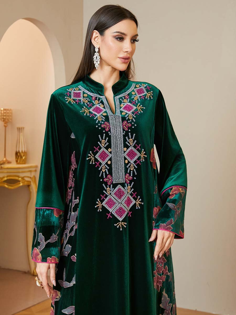Green Velvet Maxi Jalabiya with Embroidered Details