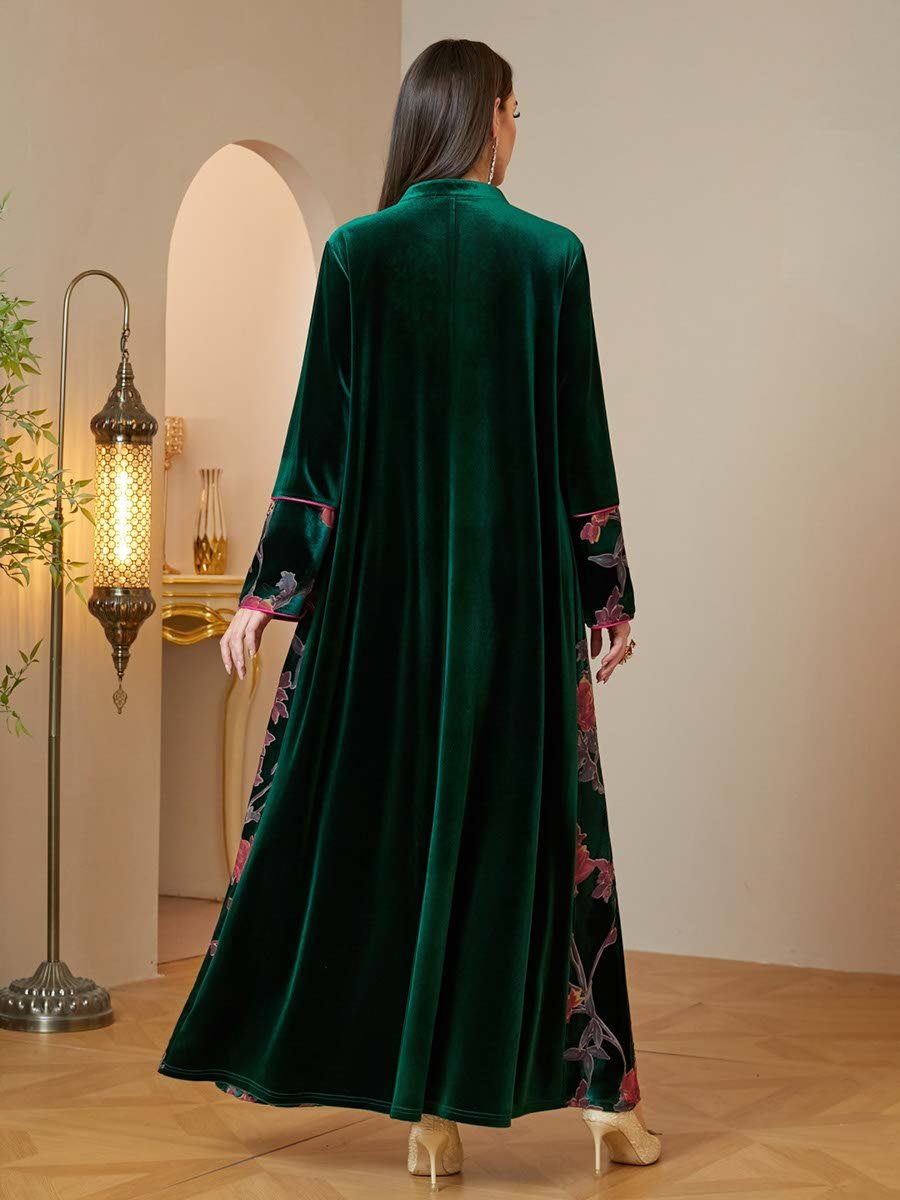 Green Velvet Maxi Jalabiya with Embroidered Details