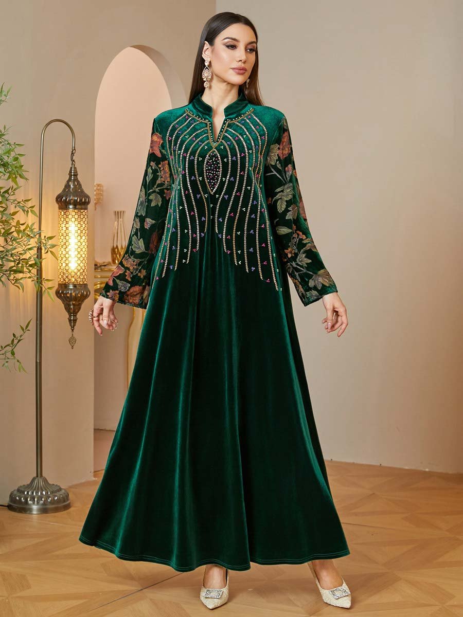 Velvet Maxi Jalabiya with Floral Embroidery