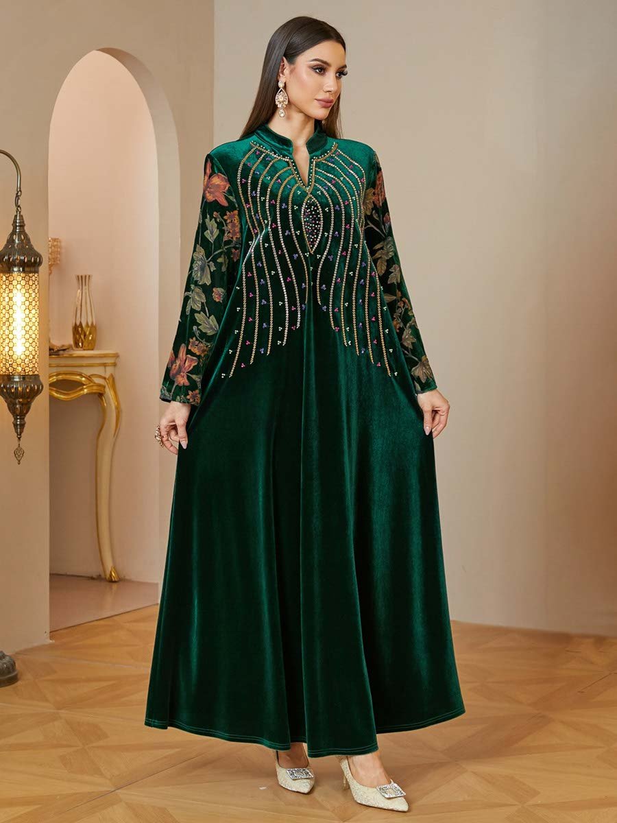 Velvet Maxi Jalabiya with Floral Embroidery