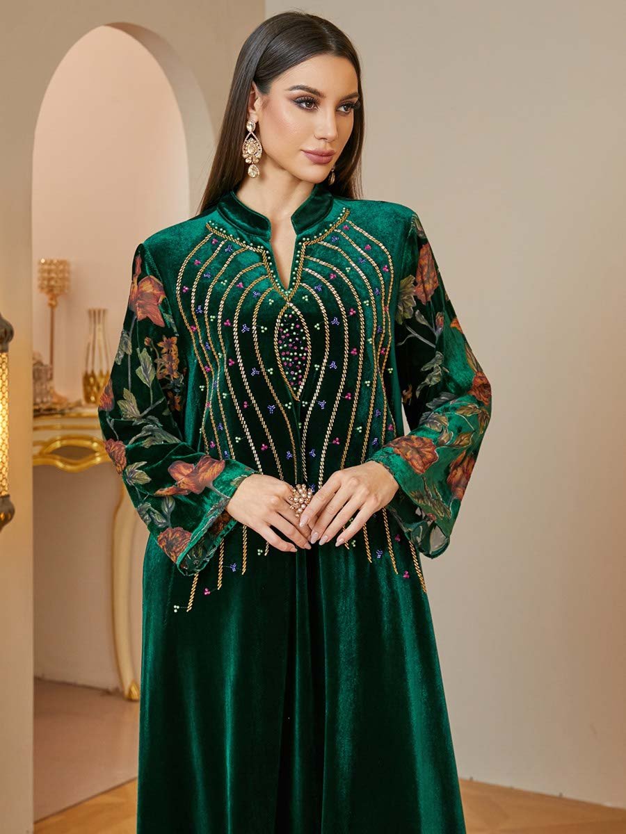 Velvet Maxi Jalabiya with Floral Embroidery