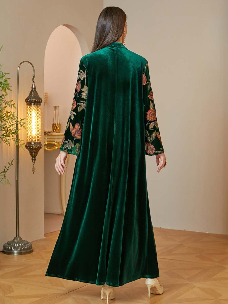 Velvet Maxi Jalabiya with Floral Embroidery
