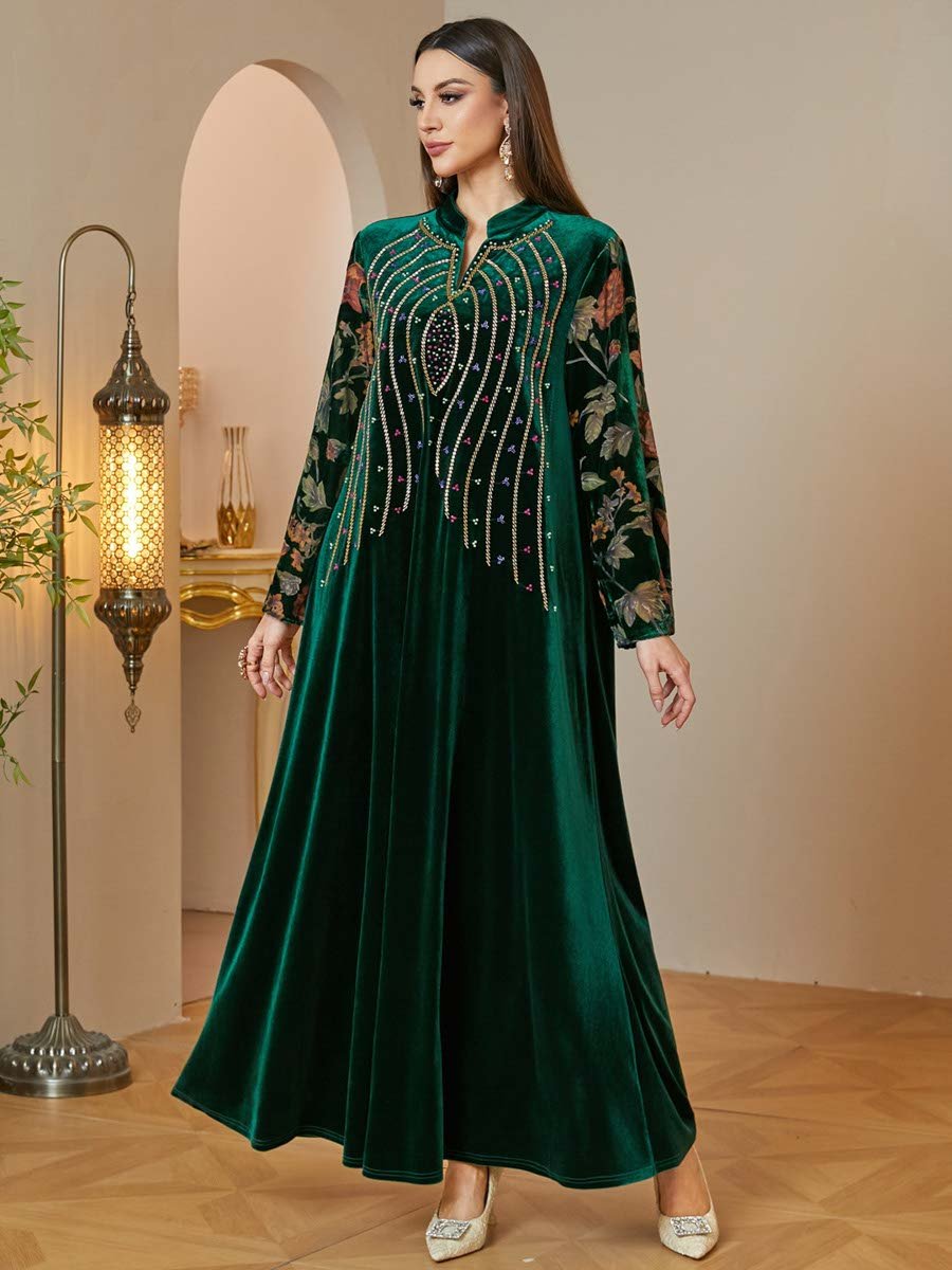 Velvet Maxi Jalabiya with Floral Embroidery