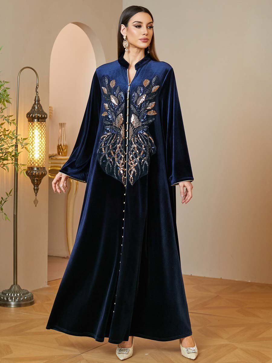 Velvet Blue Maxi Jalabiya with Sequin Embroidery